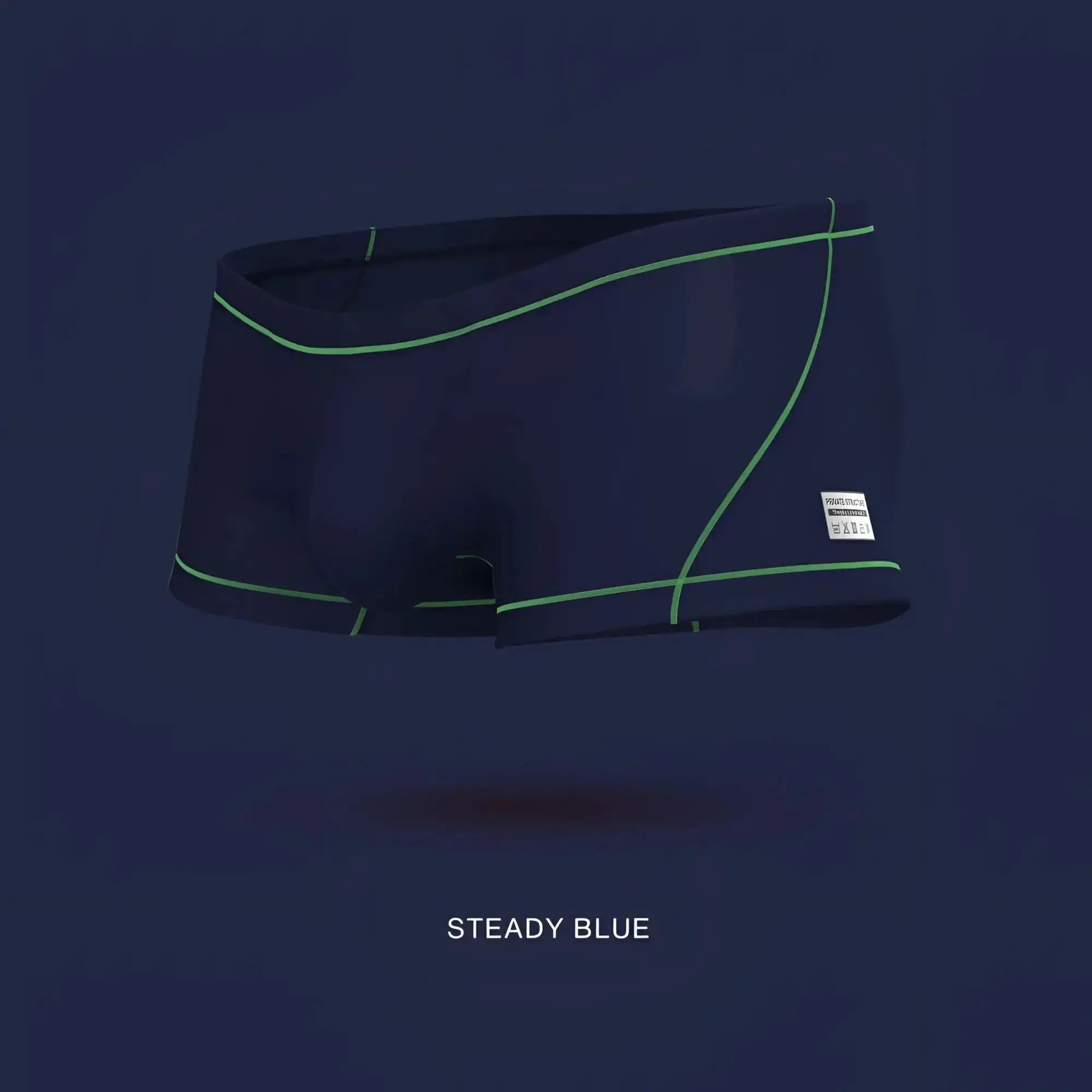 Navy blue private structure epus4570 prime elysian hipster swim trunks with neon green stitching and white side label