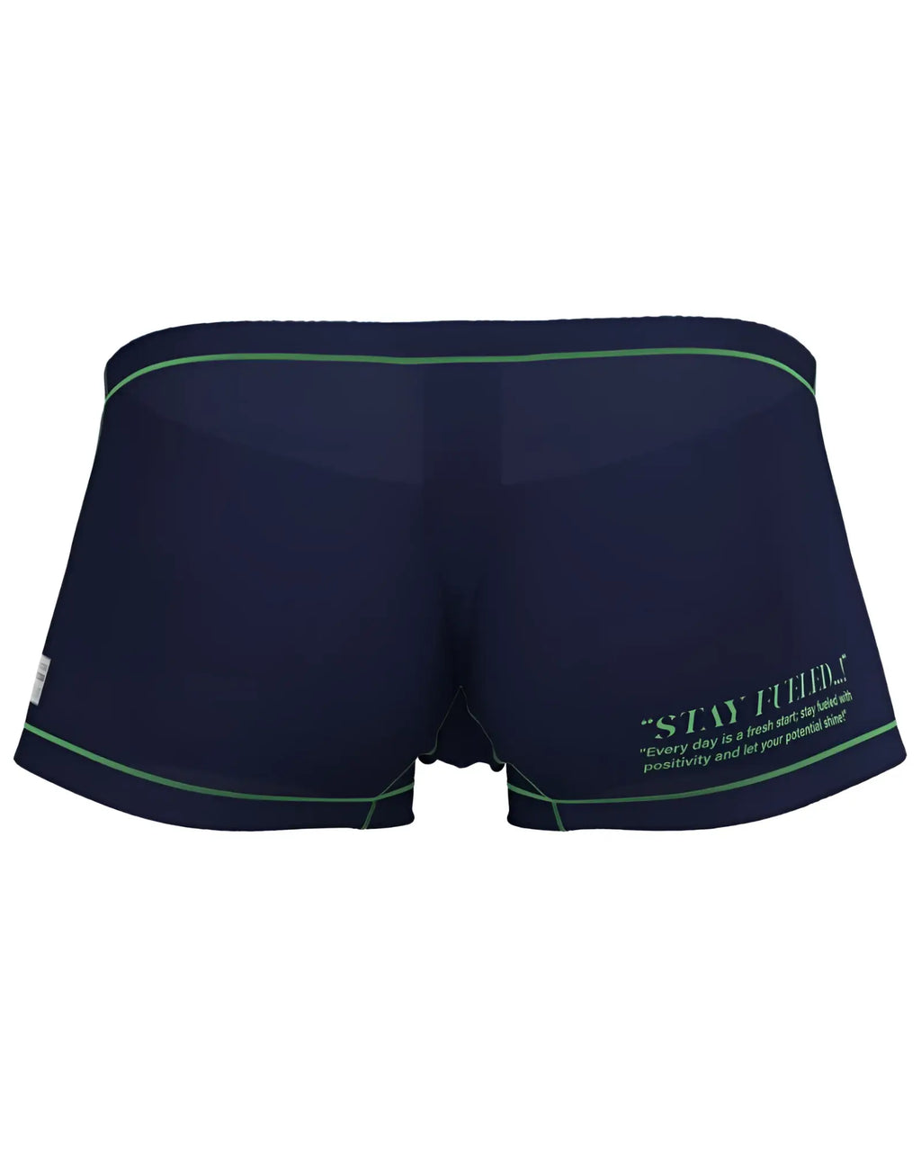 Navy blue Private Structure EPUS4570 Prime Elysian hipster swim trunks with green trim and motivational side print