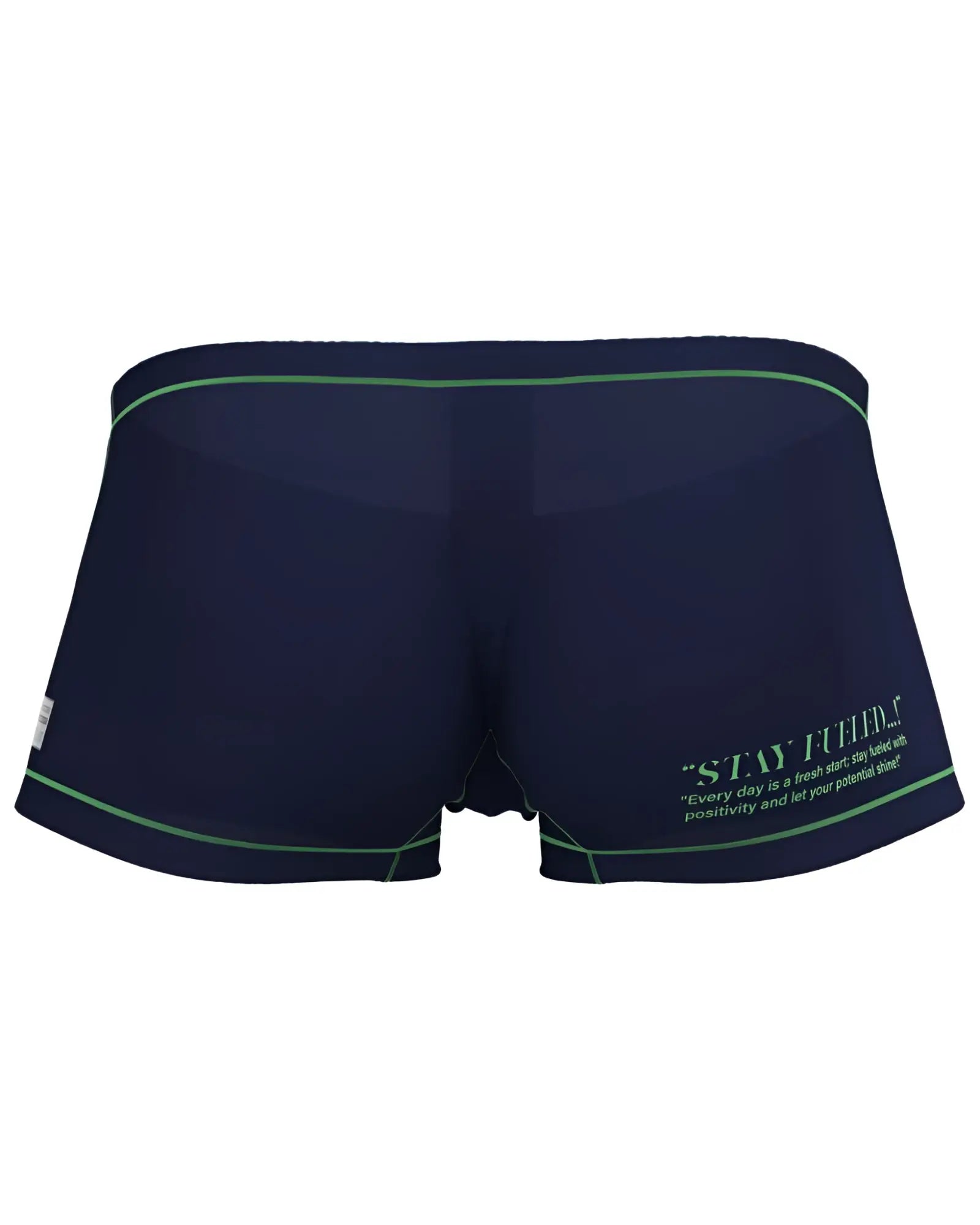 Navy blue Private Structure EPUS4570 Prime Elysian hipster swim trunks with green trim and motivational side print