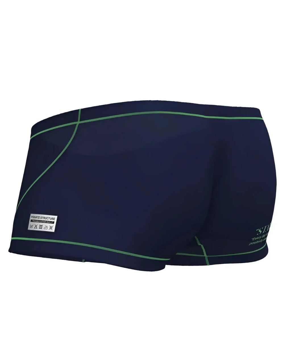 Dark navy private structure epus4570 prime elysian hipster swim trunks with green stitching and white brand label on side