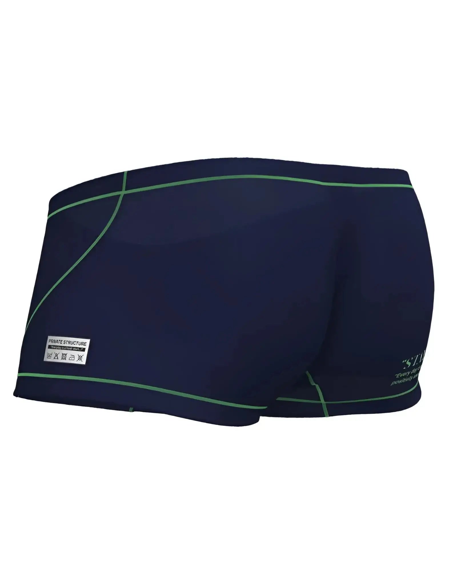 Dark navy private structure epus4570 prime elysian hipster swim trunks with green stitching and white brand label on side