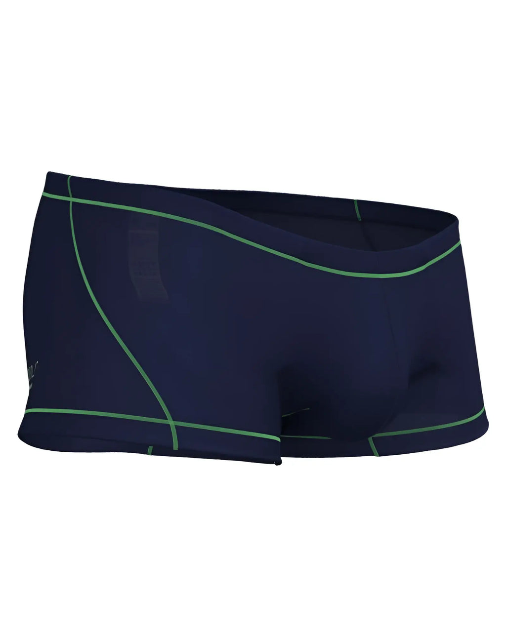 Navy blue private structure epus4570 prime elysian hipster swim trunks with neon green stitching and side logo