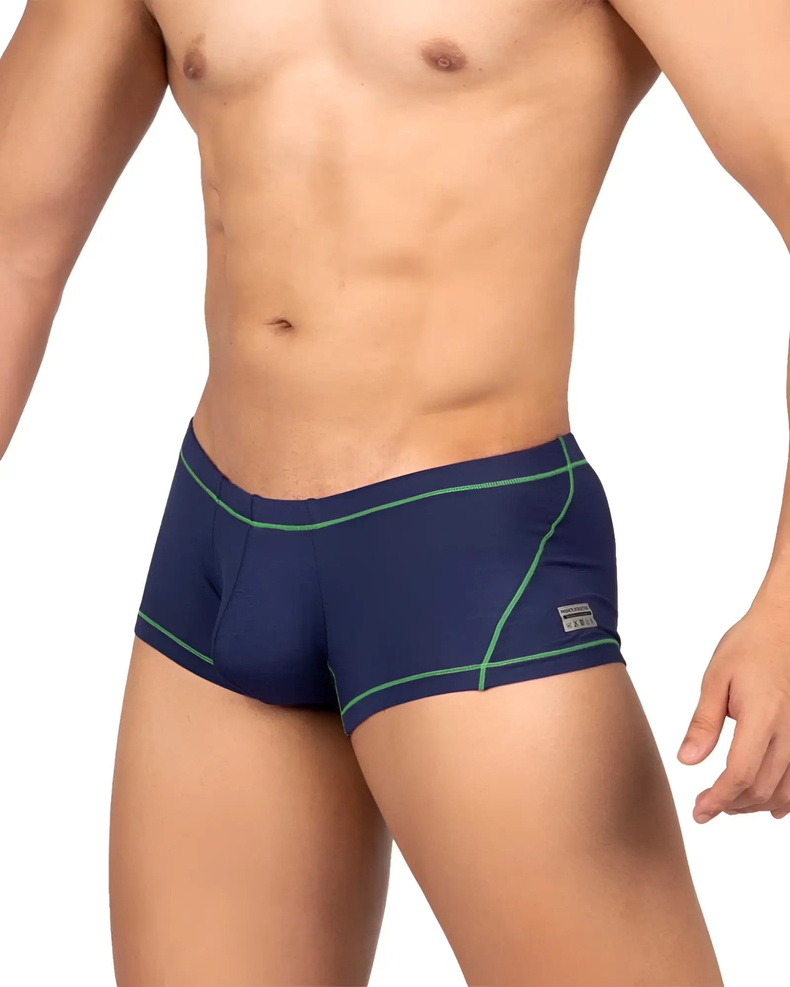 Navy blue private structure epus4570 prime elysian hipster swim trunks with green trim and small side brand tag