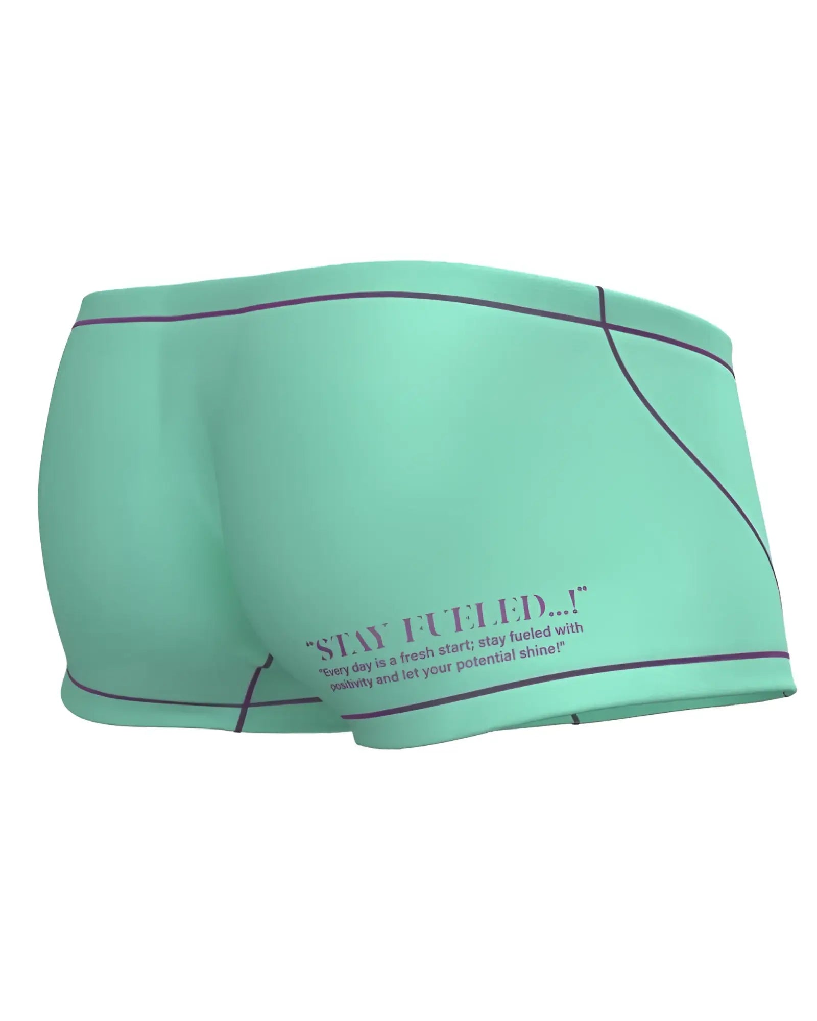 Private Structure cyan mint green athletic shorts with black trim and motivational quote printed on the side