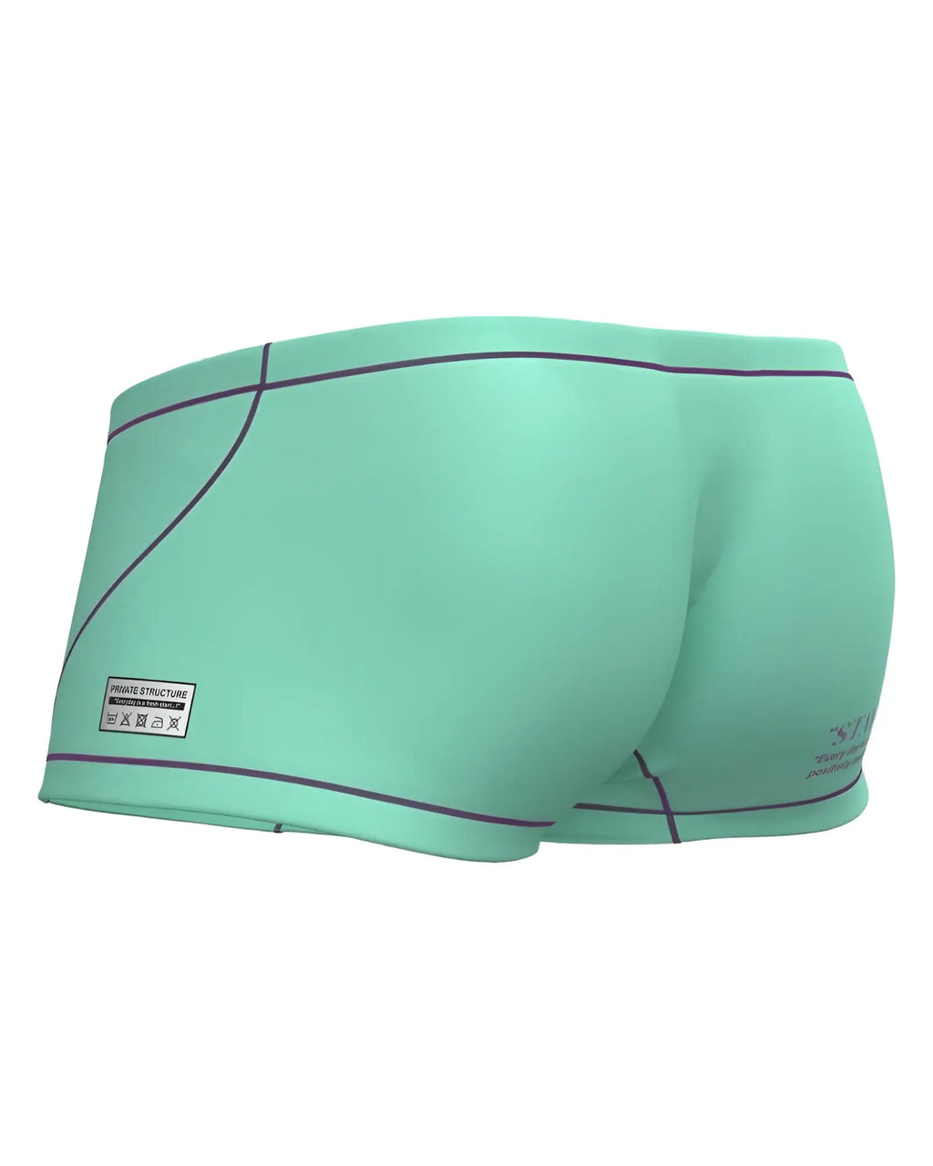 Mint green swim trunks with black trim and a small brand label on the side by private structure prime elysian hipster cyan