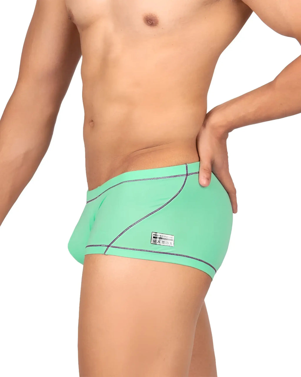 Mint green private structure epus4570 prime elysian hipster swim trunks with black trim and side brand tag