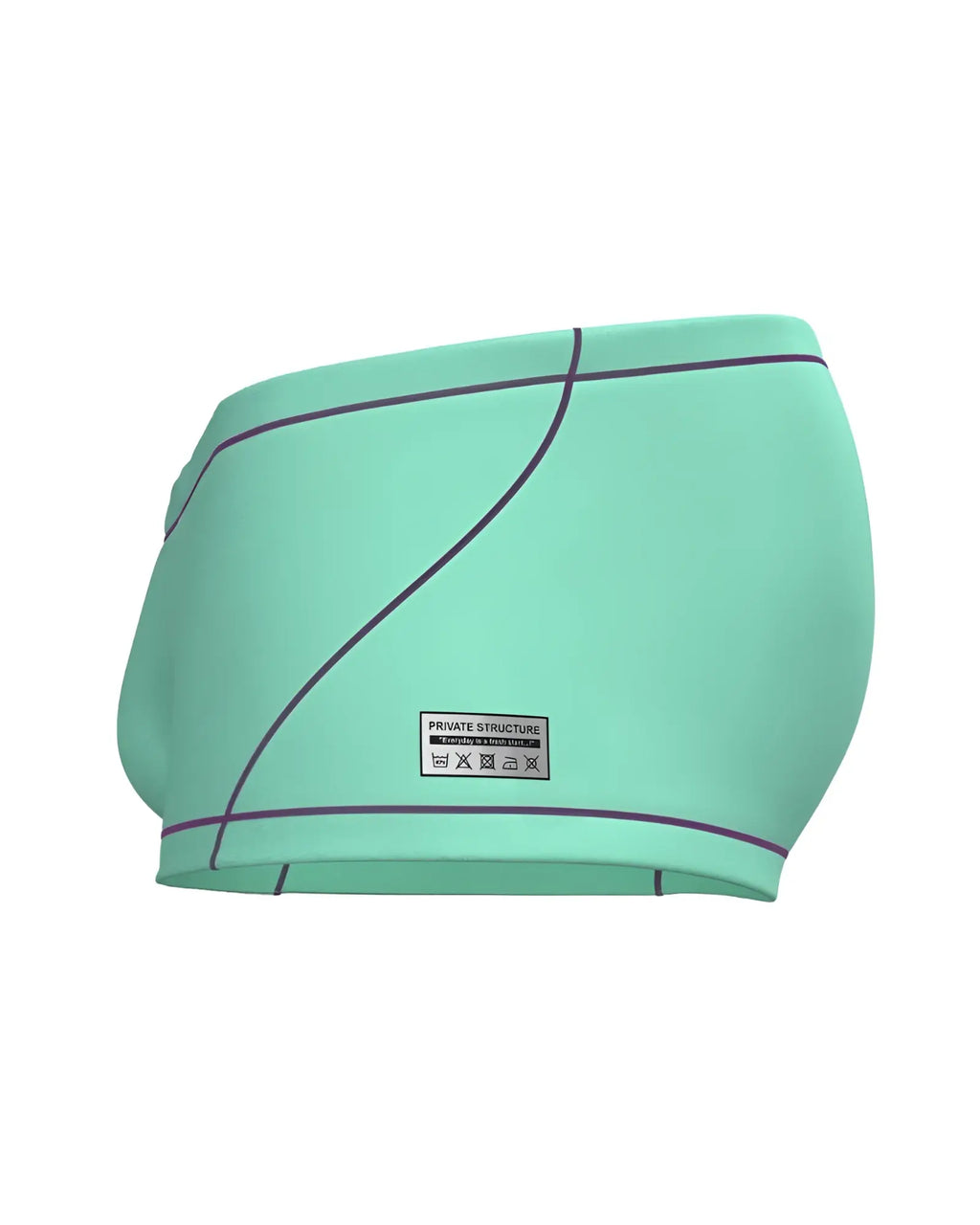 Mint green swim trunks with black stitching and private structure label in prime elysian hipster style cyan color