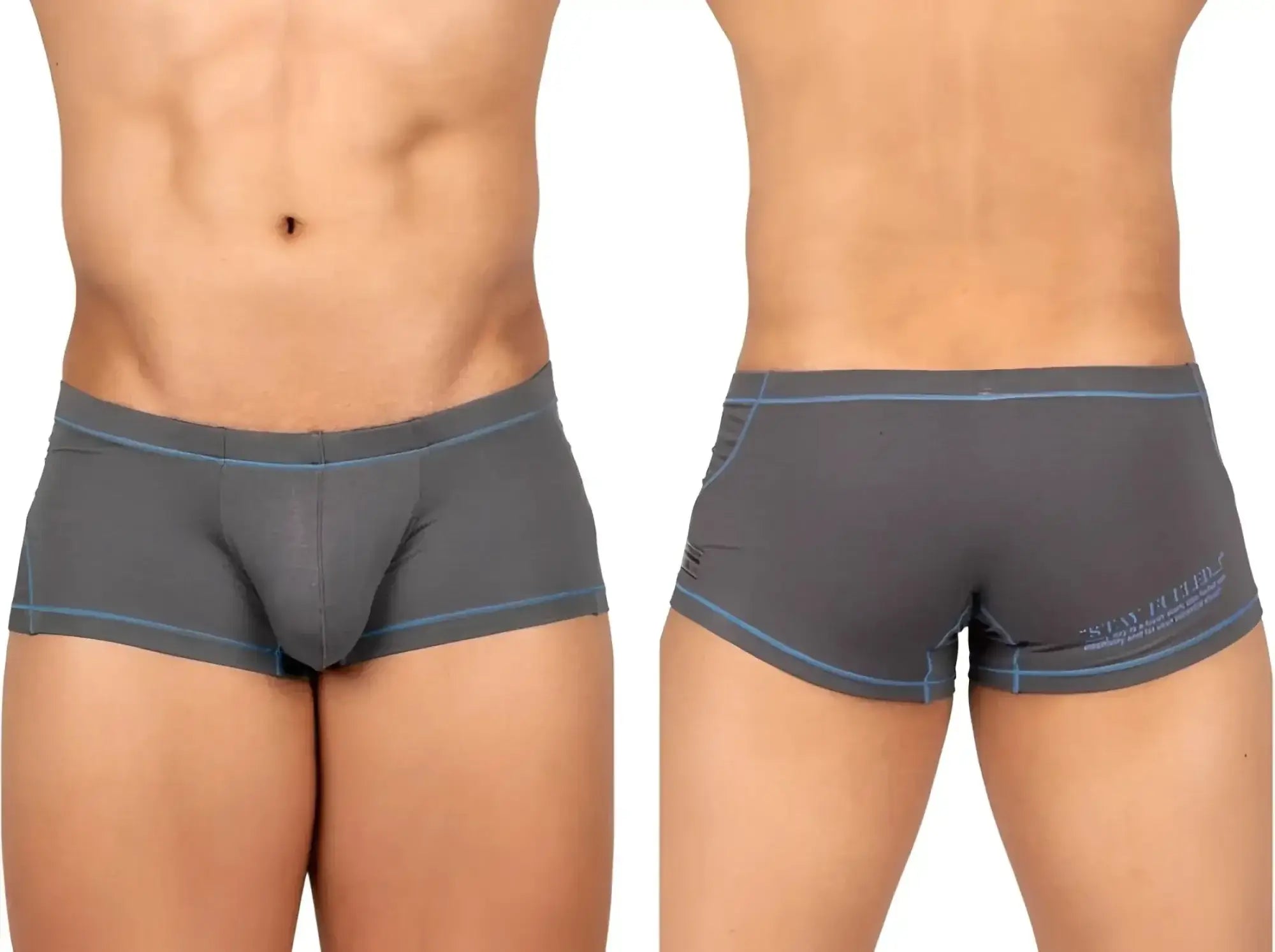 Back view of private structure epus4570 prime elysian gray men’s briefs with light blue trim and subtle logo