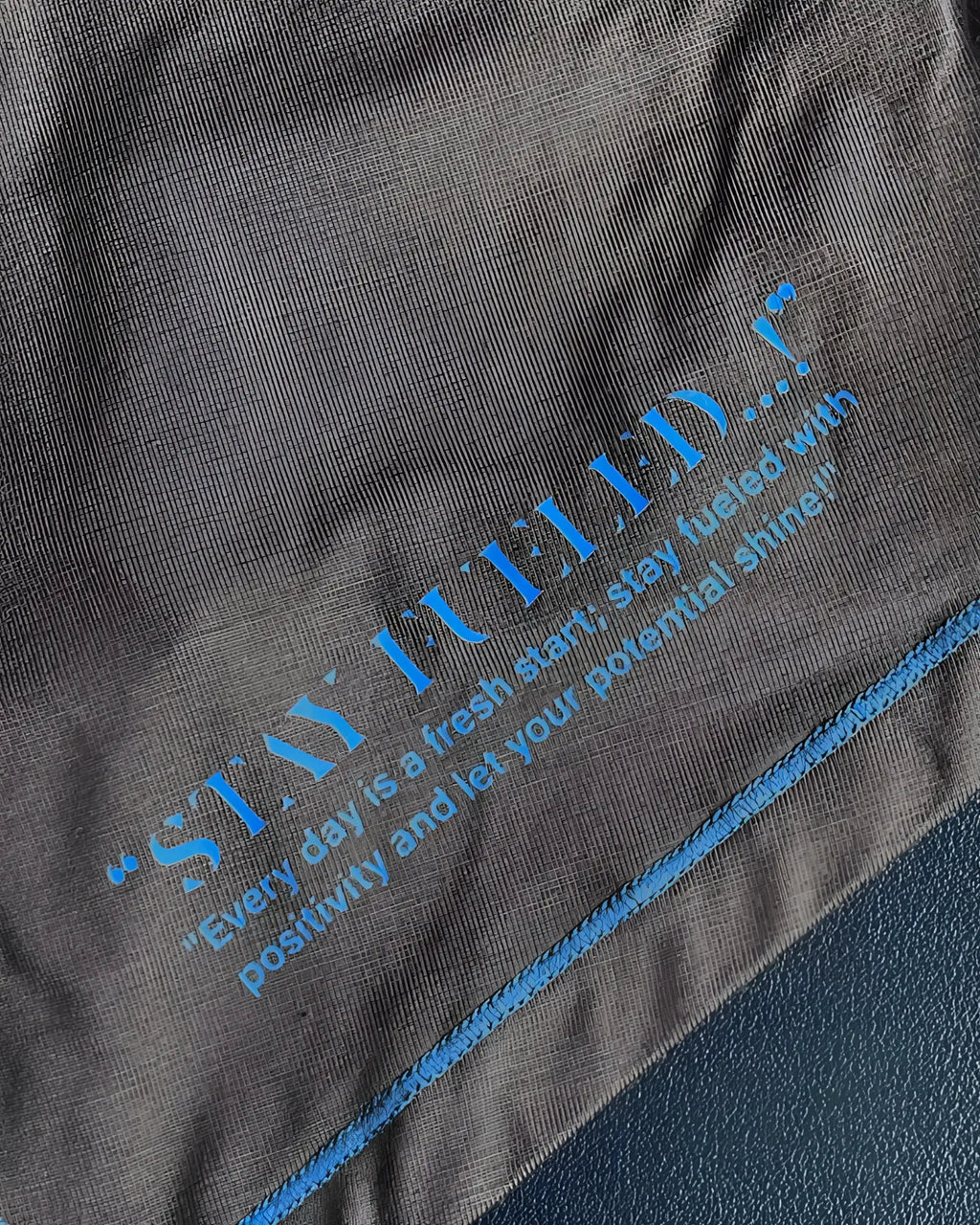 Dark gray cotton t-shirt with blue printed quote and matching stitching from private structure epus4570 prime elysian hipster