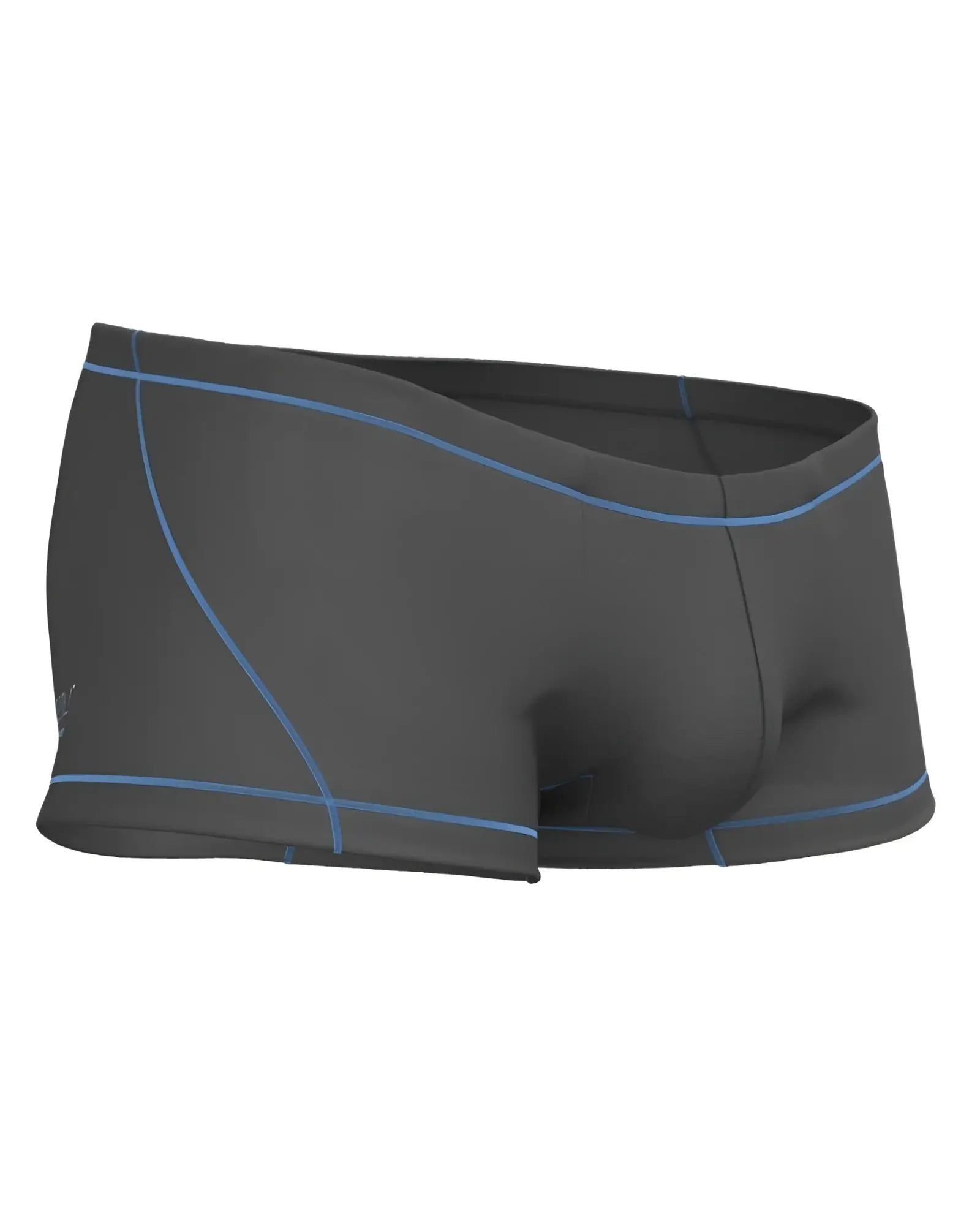 Dark gray Private Structure EPUS4570 Prime Elysian hipster swim trunks with light blue stitching on waistband and leg openings