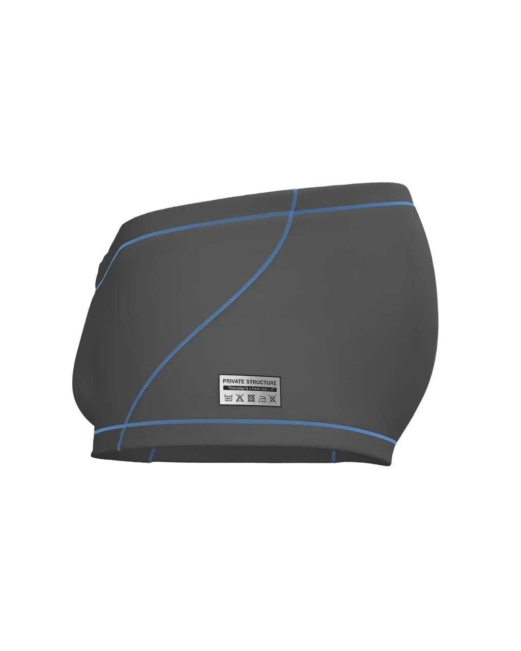 Dark gray Private Structure swim trunks with light blue stitching and brand label, hipster style for casual beachwear