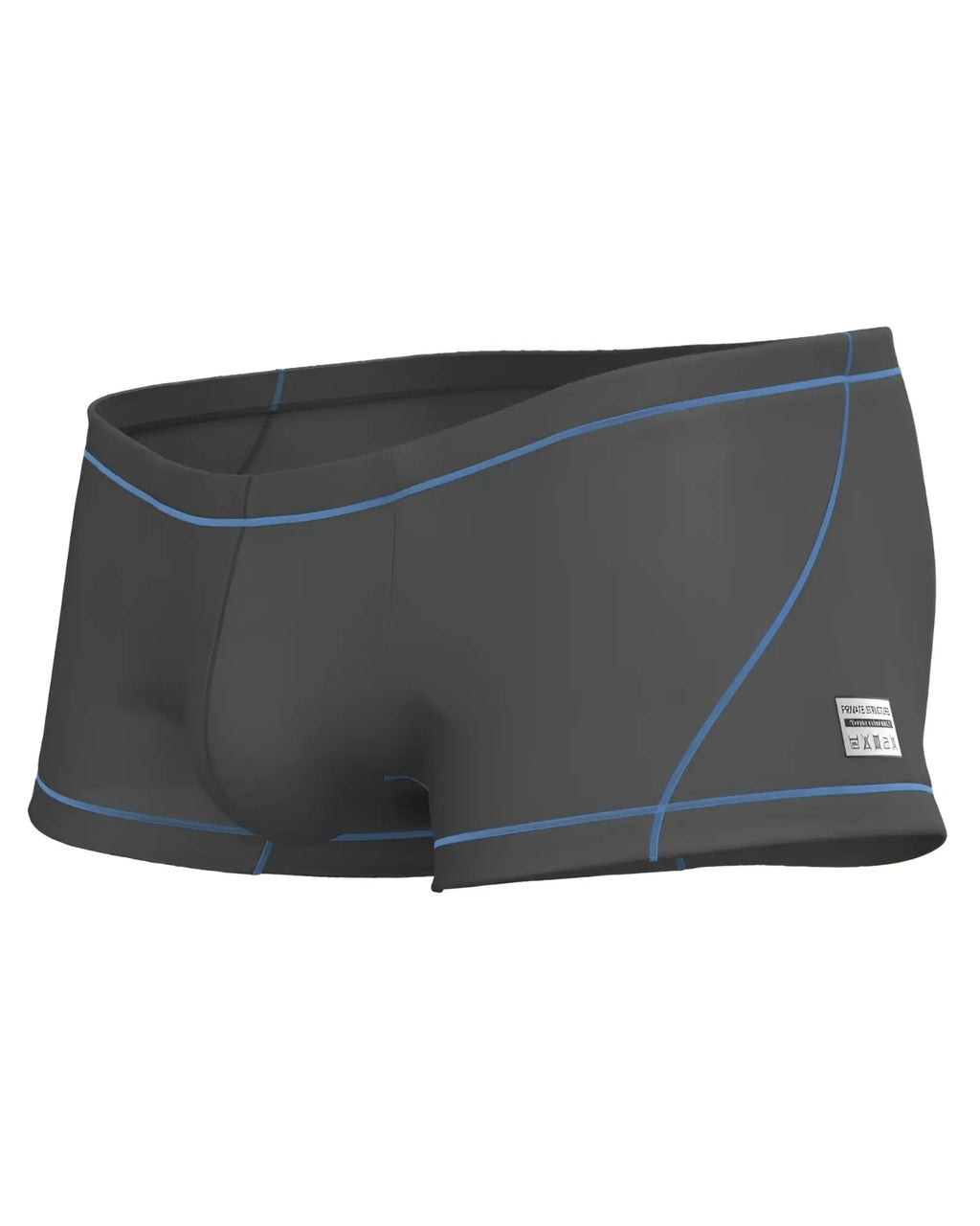 Private structure epus4570 prime elysian hipster dark gray swim trunks with light blue stitching and a side white label