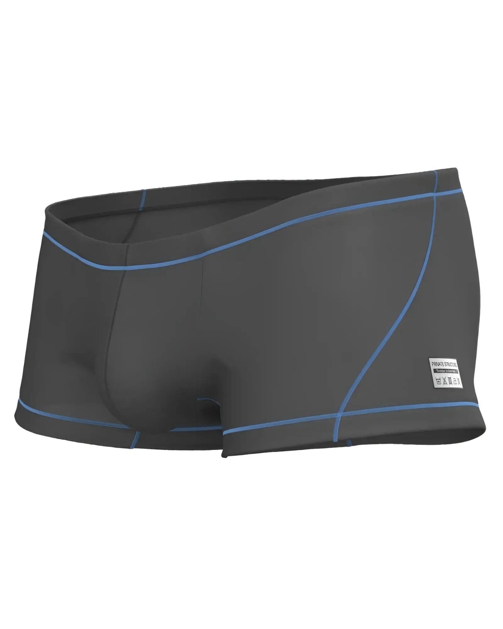 Private structure epus4570 prime elysian hipster dark gray swim trunks with light blue stitching and a side white label