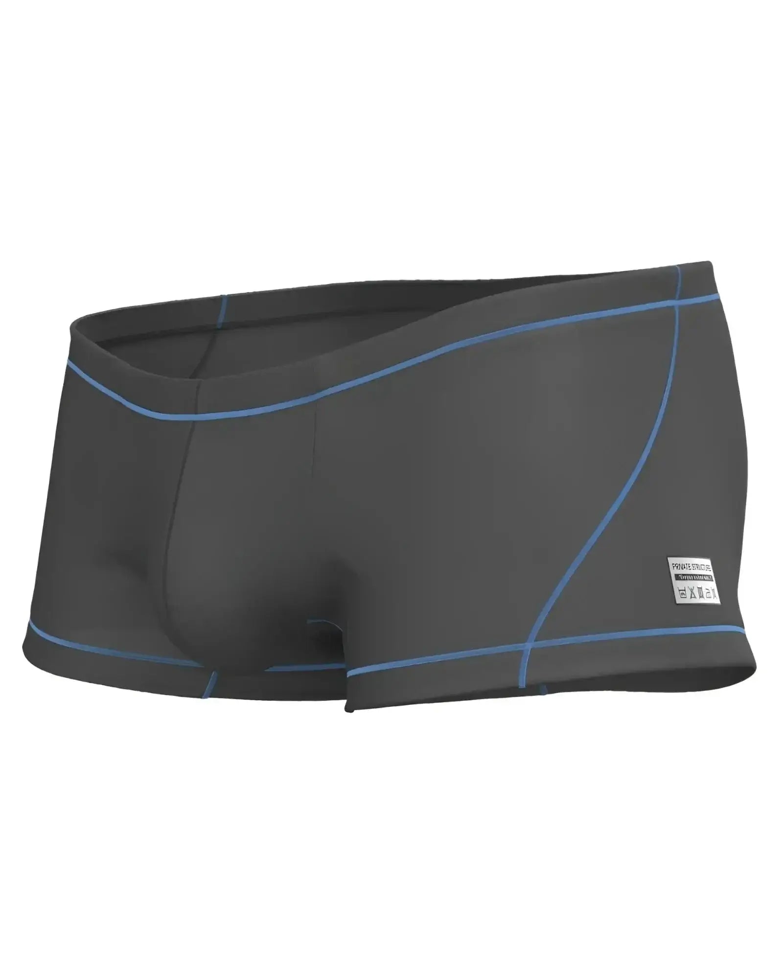 Private structure epus4570 prime elysian hipster dark gray swim trunks with light blue stitching and a side white label