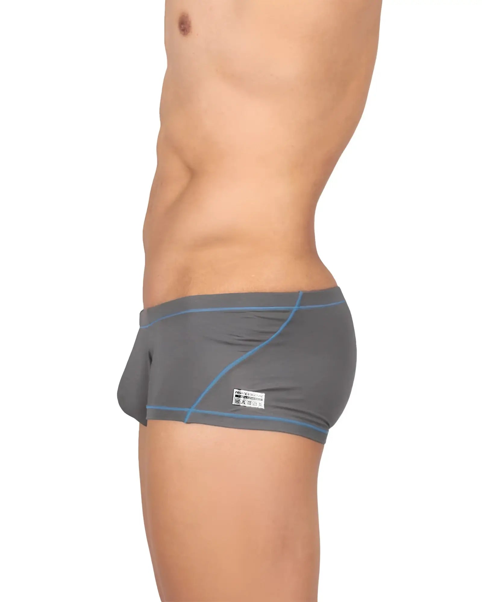 Gray private structure prime elysian hipster men’s briefs with blue stitching and a white waistband label