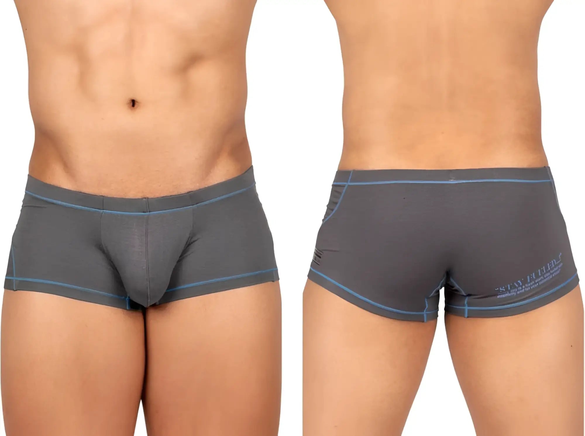 Back view of private structure epus4570 prime elysian gray men’s briefs with light blue trim and subtle logo