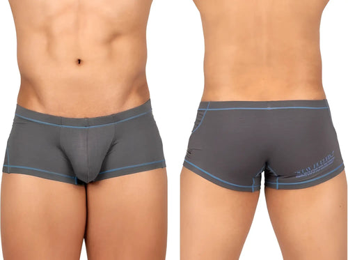 Back view of private structure epus4570 prime elysian gray men’s briefs with light blue trim and subtle logo