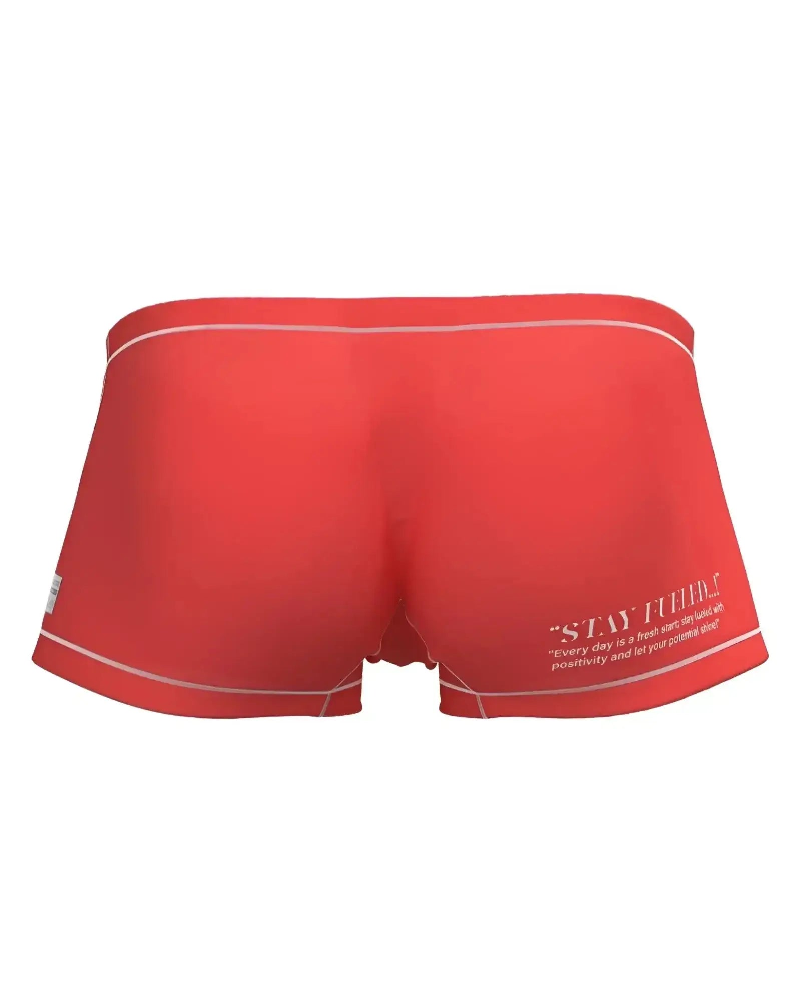 Red swim trunks with white trim and a motivational quote on the side from private structure prime elysian hipster collection