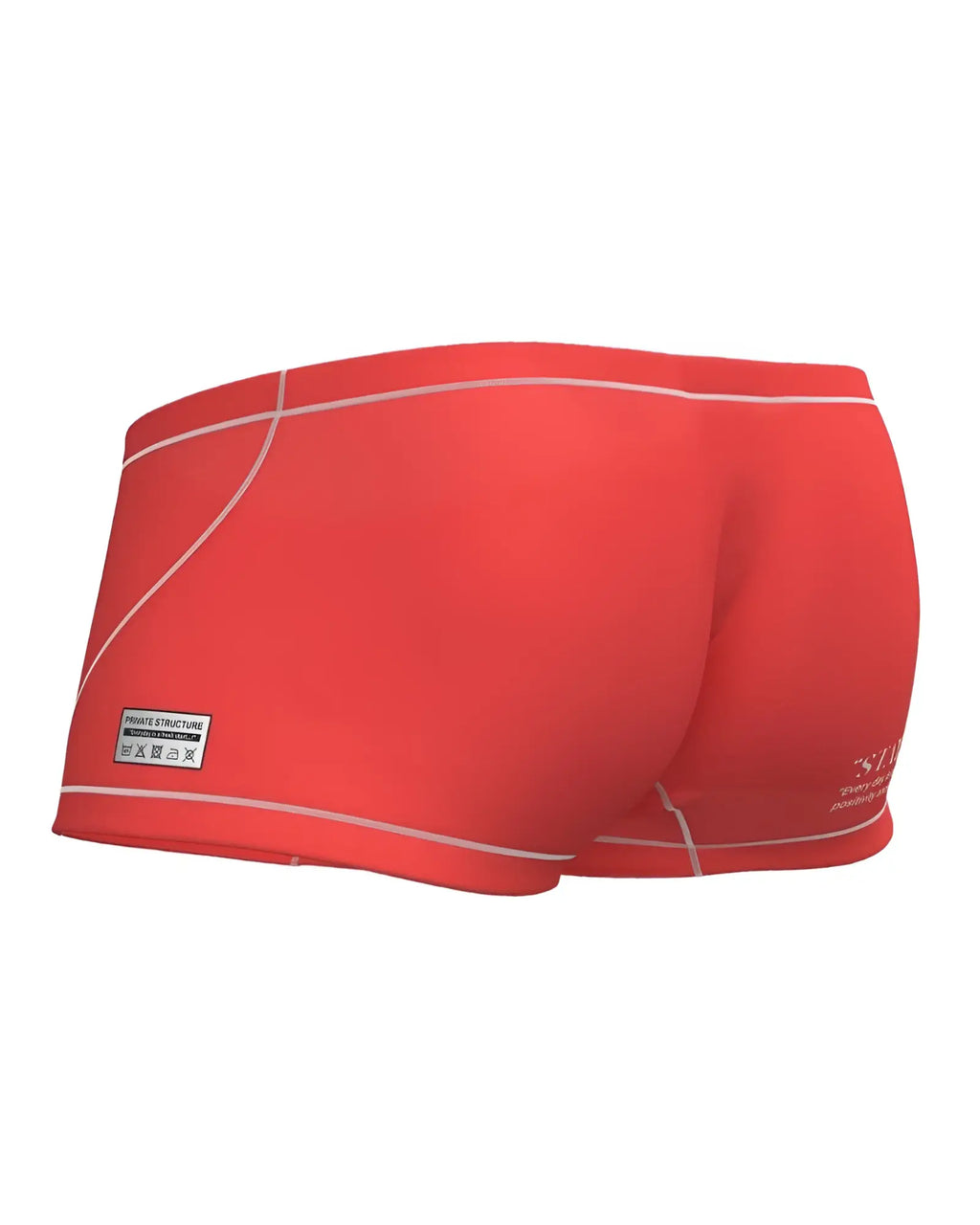 Bright red swim trunks with white stitching and a small side label from private structure epus4570 prime elysian hipster