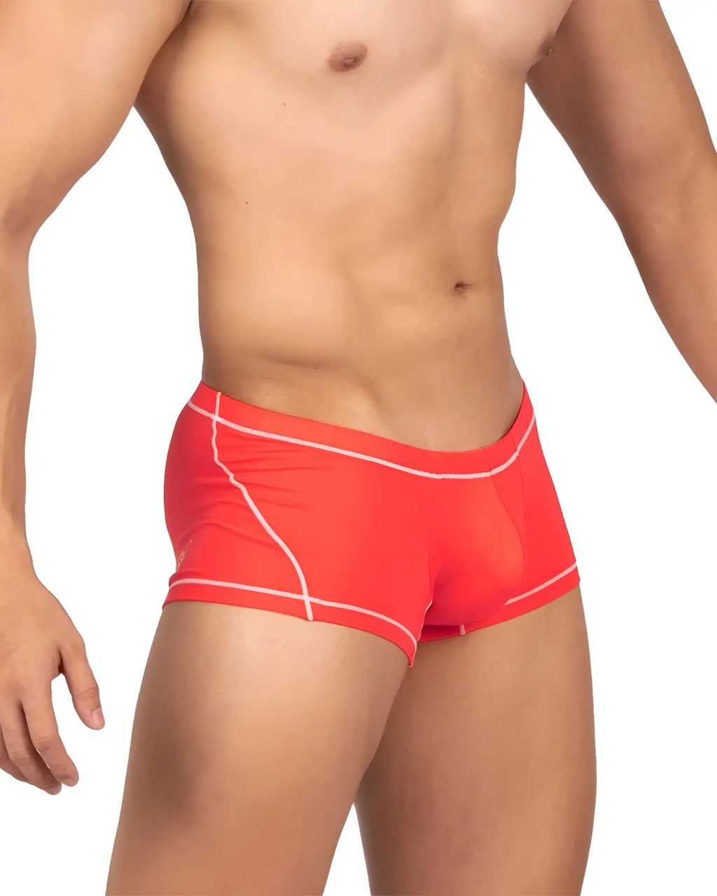 Bright red private structure epus4570 prime elysian hipster swim trunks with white stitching along waistband and leg seams