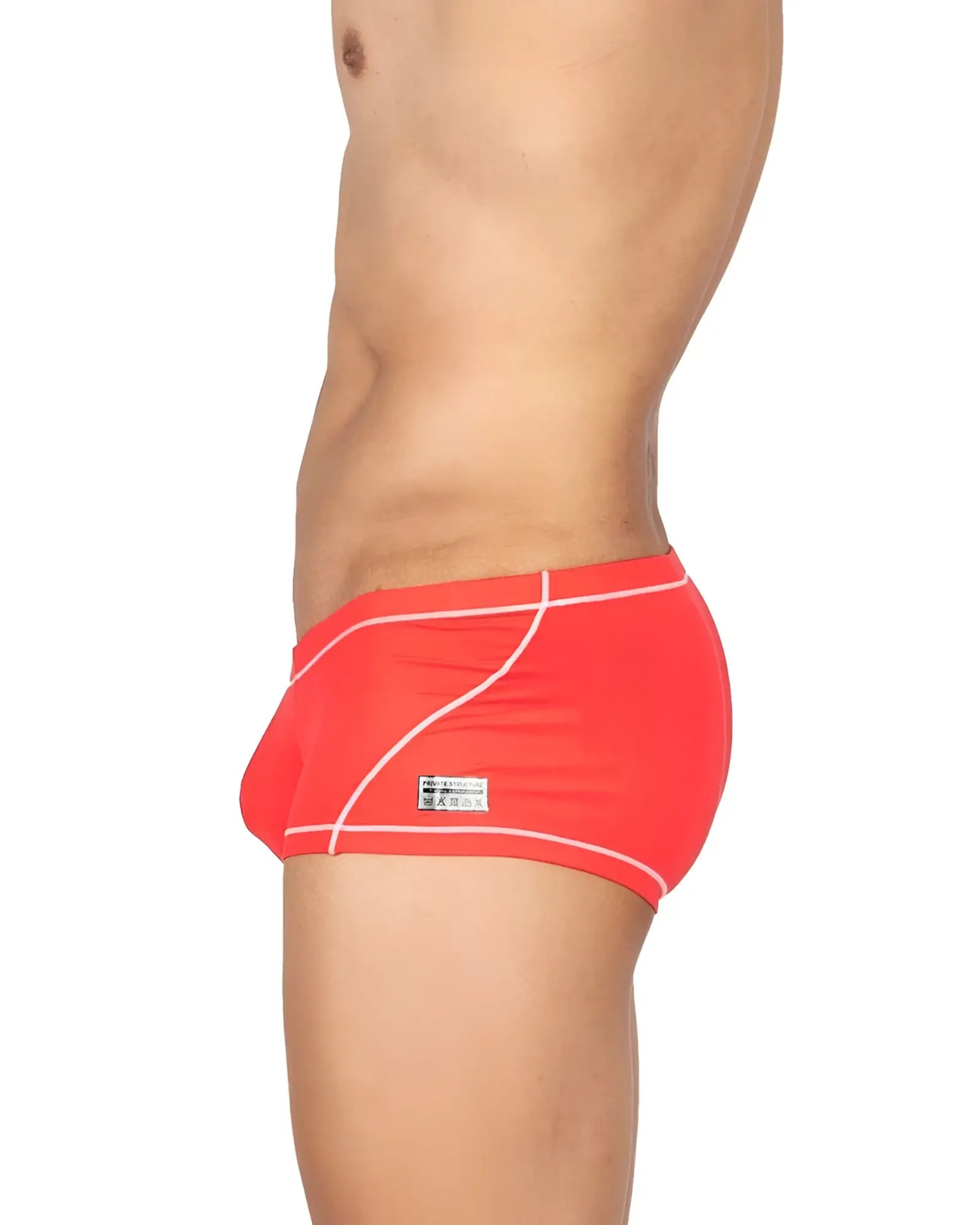Bright red private structure epus4570 prime elysian hipster swim trunks with white geometric stitching and black brand tag