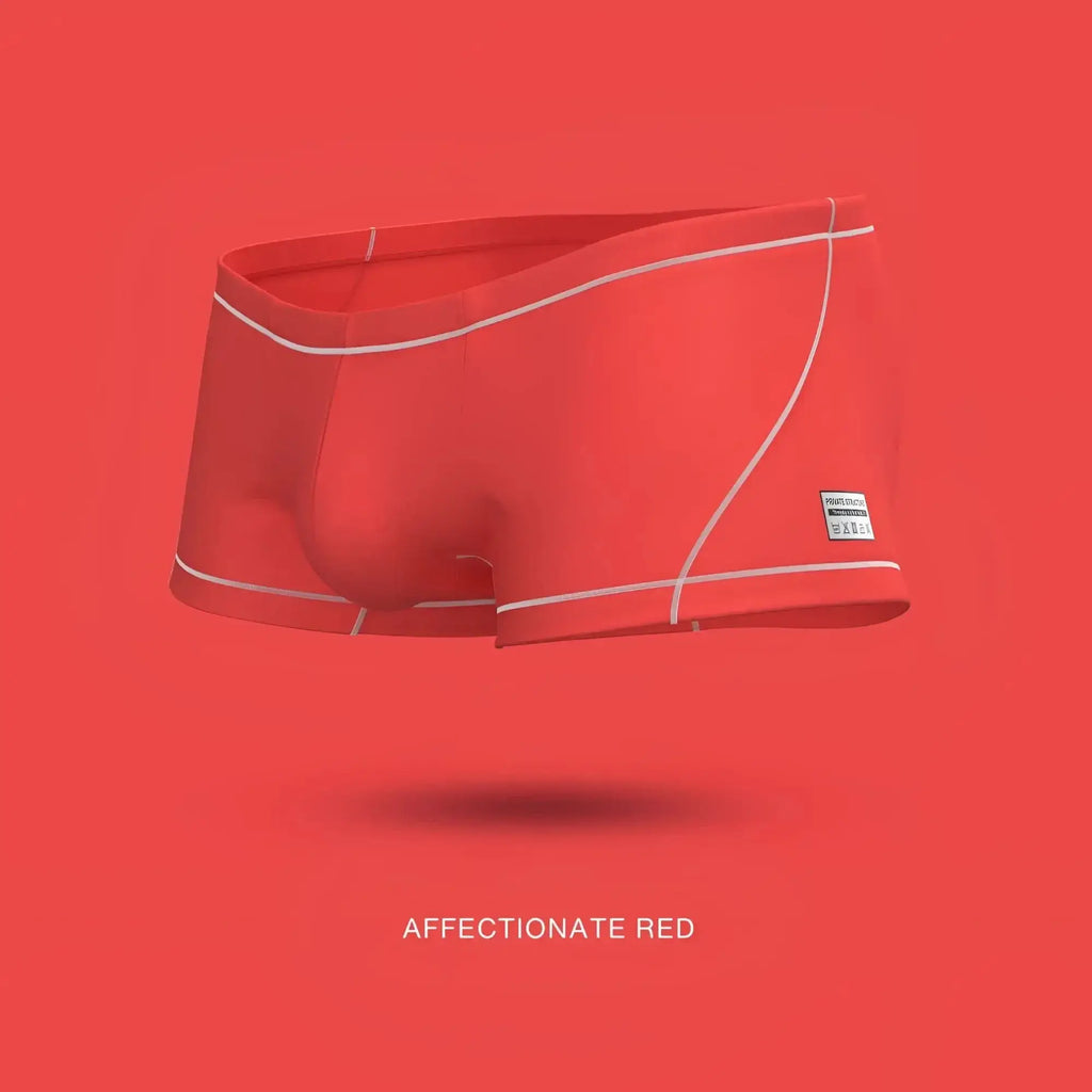 A pair of vibrant red private structure epus4570 prime elysian hipster boxer briefs with white stitching and side label