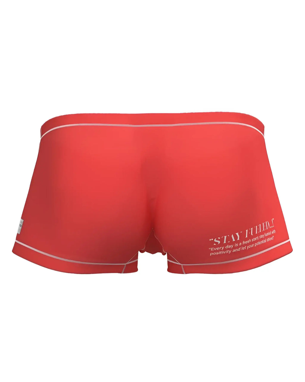 Red swim trunks with white trim and a motivational quote on the side from private structure prime elysian hipster collection