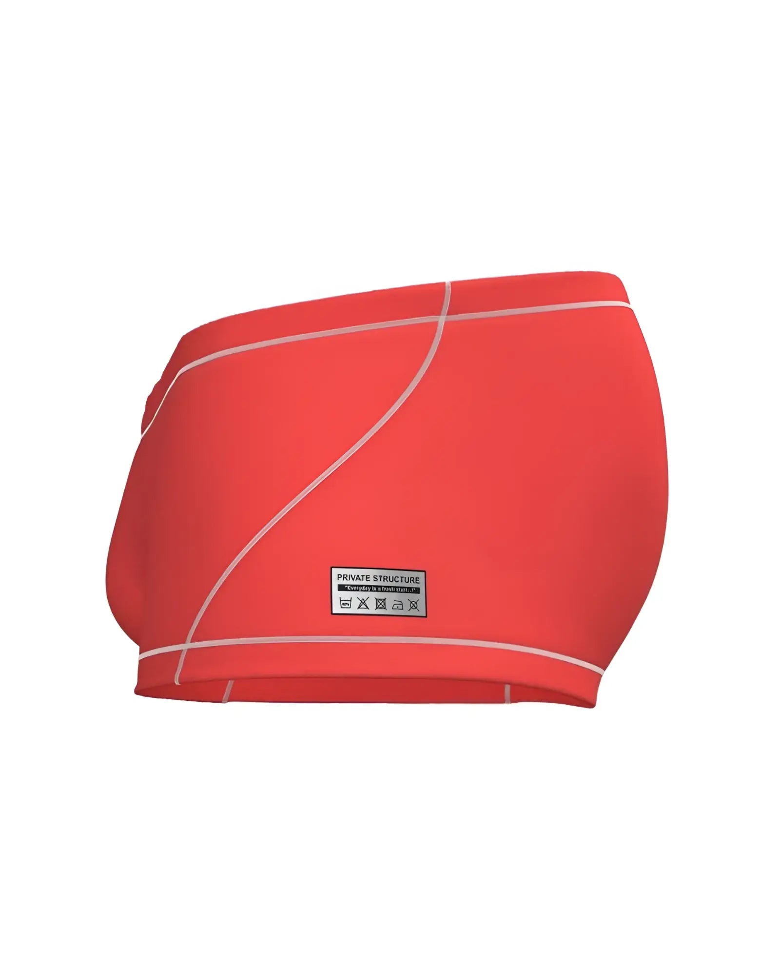Vibrant coral-red swim trunks with white stitching and private structure brand label in prime elysian hipster style