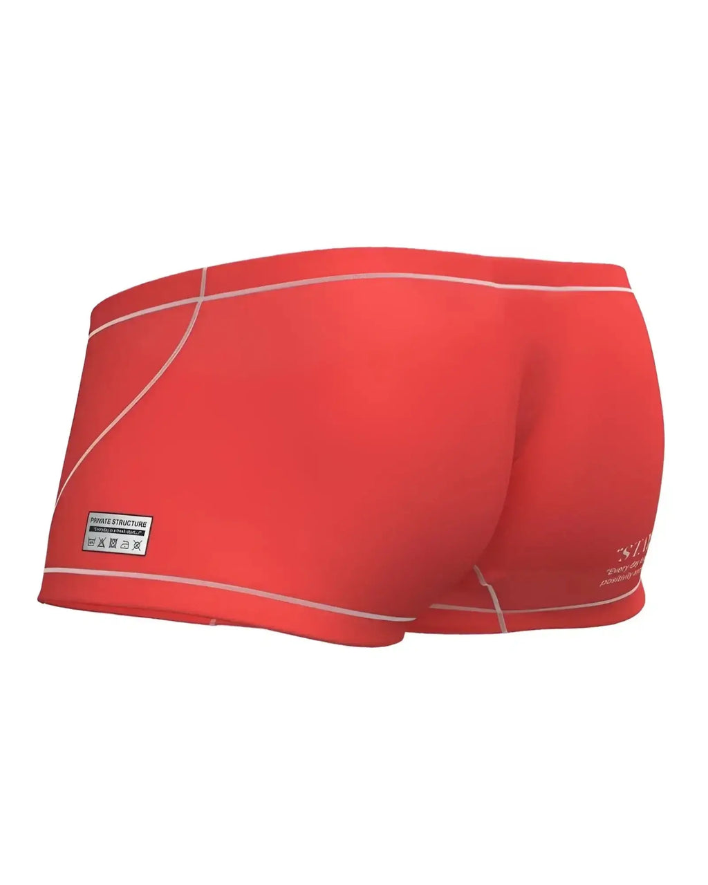 Bright red swim trunks with white stitching and a small side label from private structure epus4570 prime elysian hipster