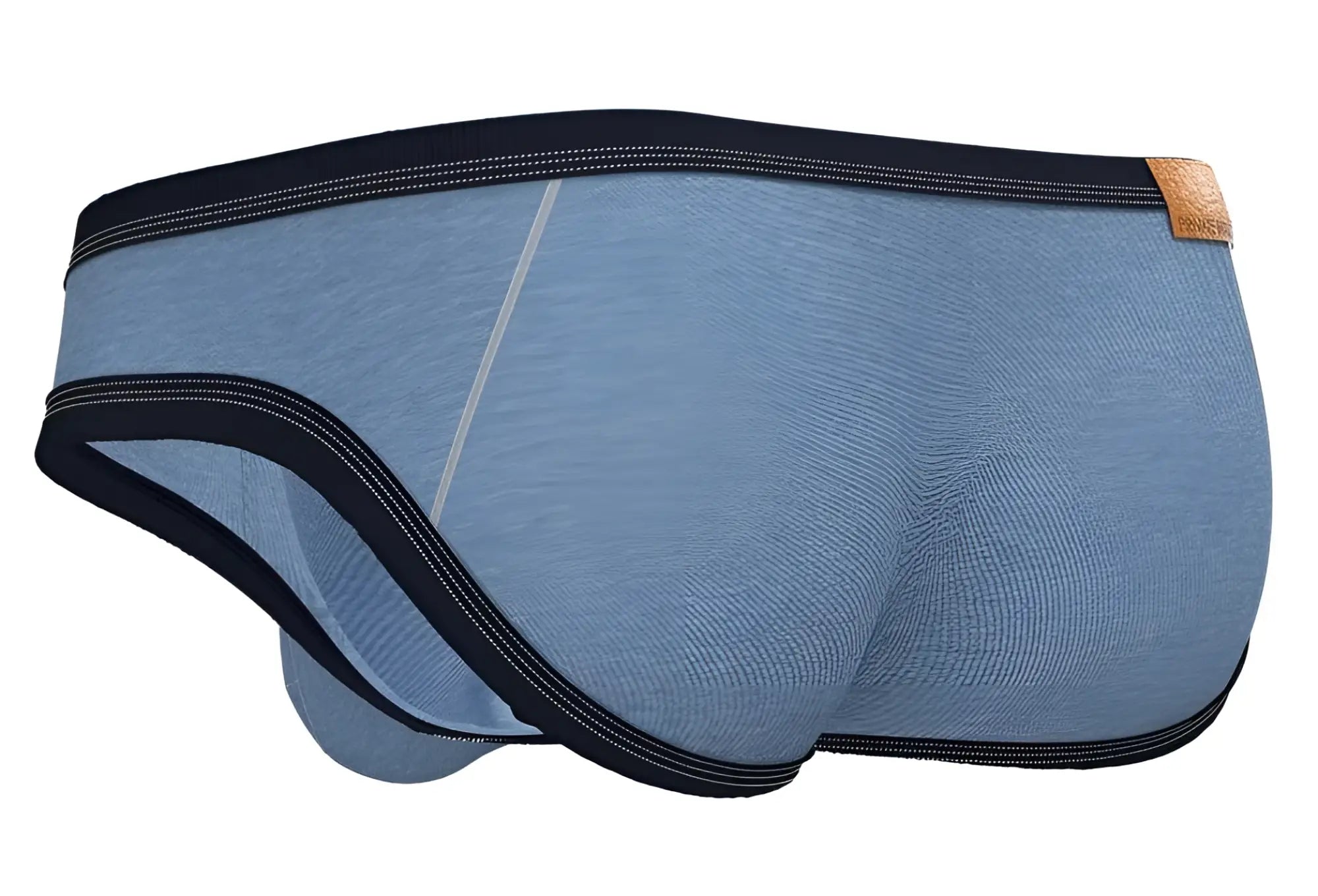 Blue heathered denim private structure barn boy low rise mini briefs with black trim and tan leather tag