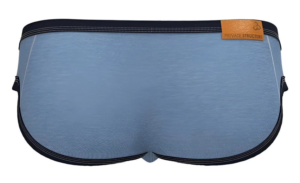 Blue heathered cotton private structure barn boy low rise mini briefs with black elastic trim and tan leather tag