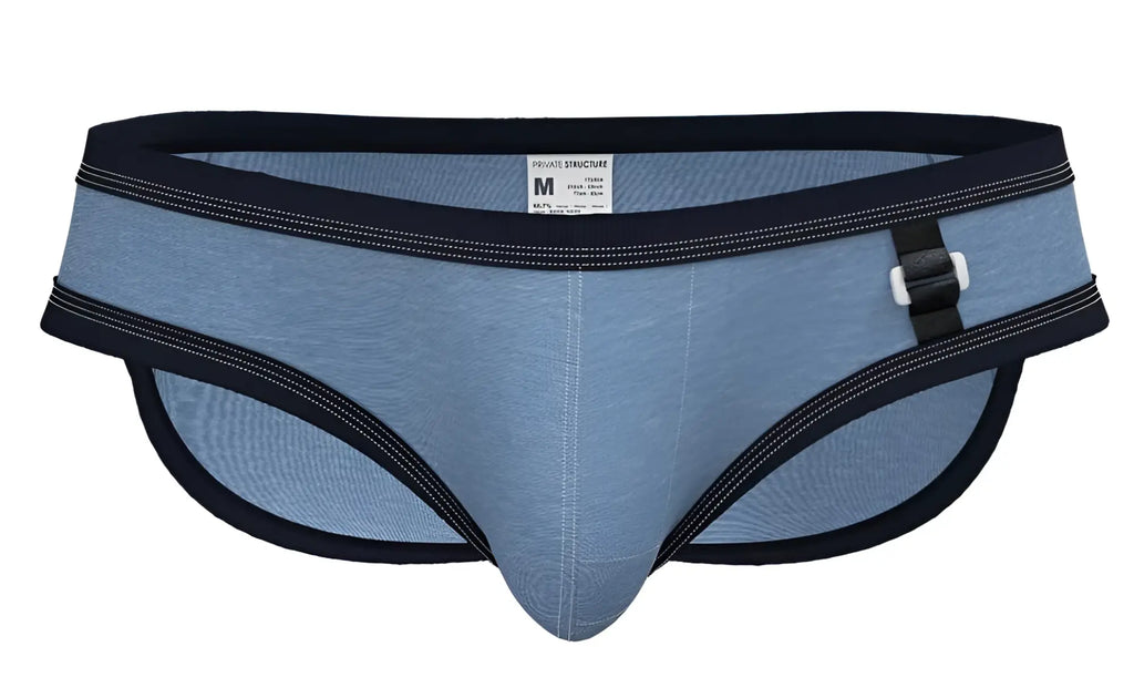Blue denim-style low rise mini briefs by private structure with black trim and white buckle closure