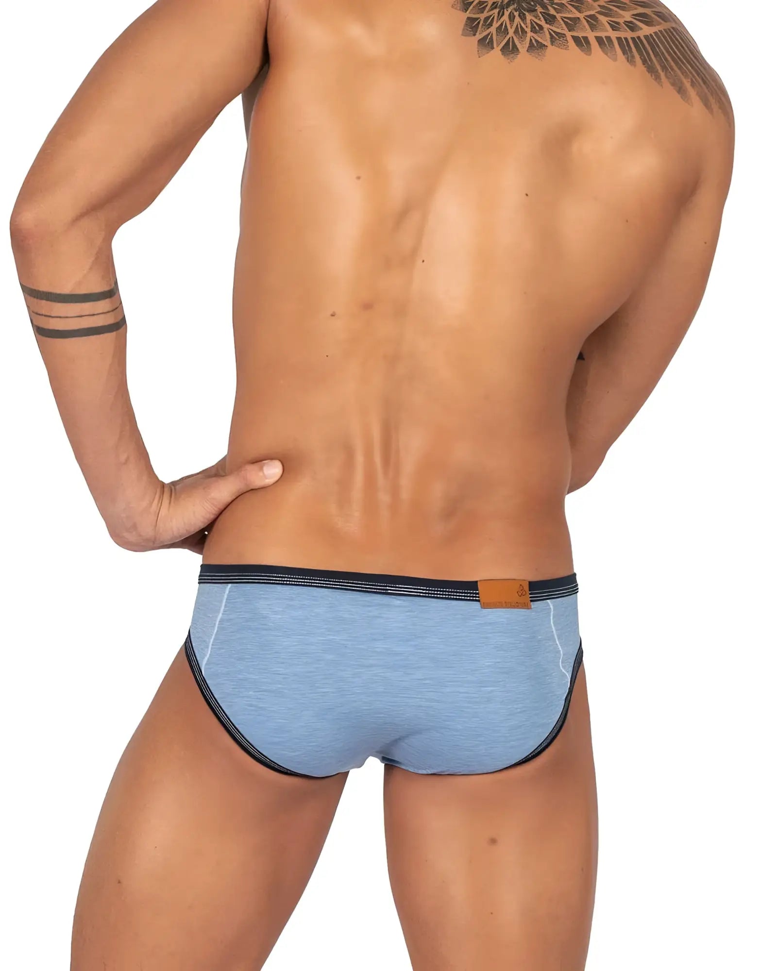 Light blue heathered private structure barn boy low rise mini briefs with black trim and brown leather brand tag