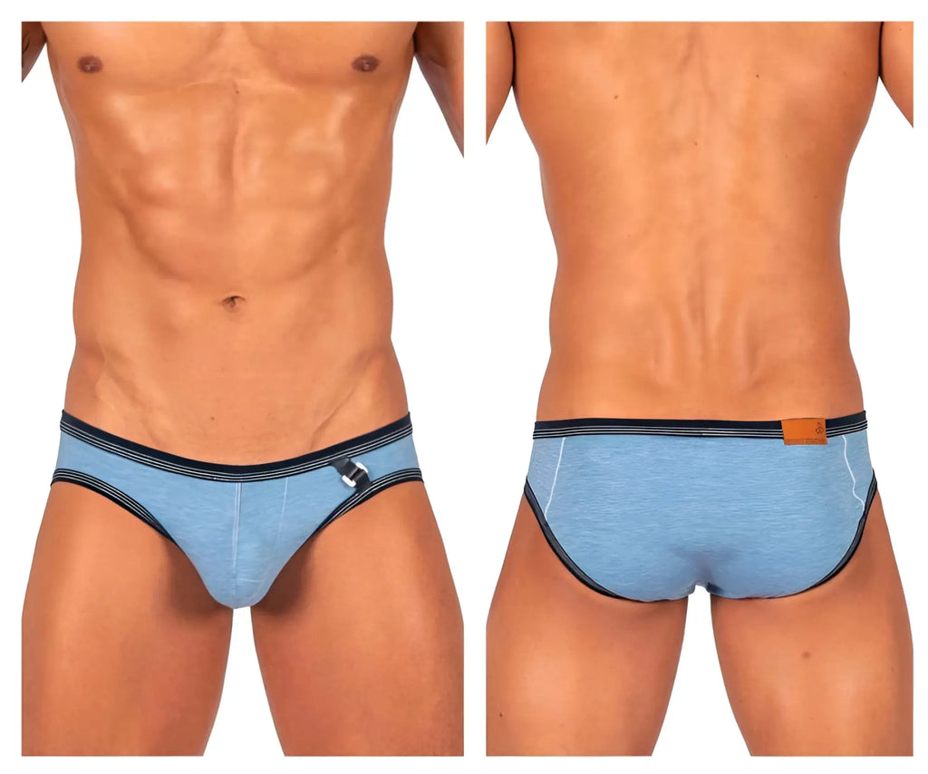 Light blue textured denim briefs with black trim and a small metallic buckle on the side by private structure