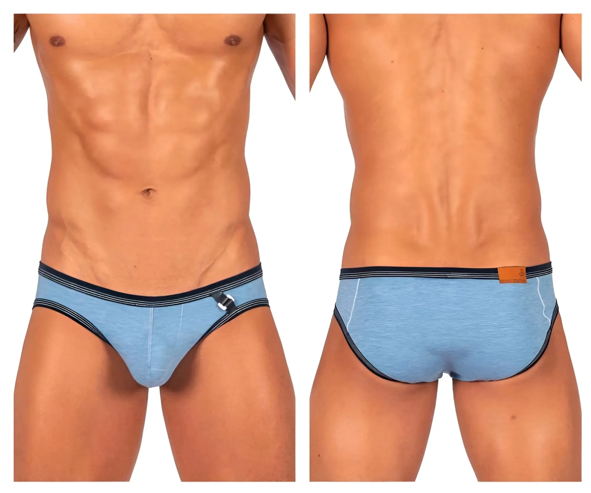 Light blue textured denim briefs with black trim and a small metallic buckle on the side by private structure