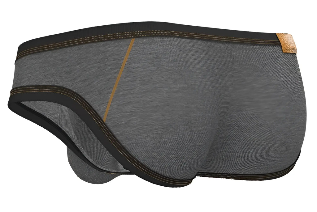 Private structure lcut4358 barn boy low rise mini briefs in stone gray heather with black trim tan stitching and leather tag