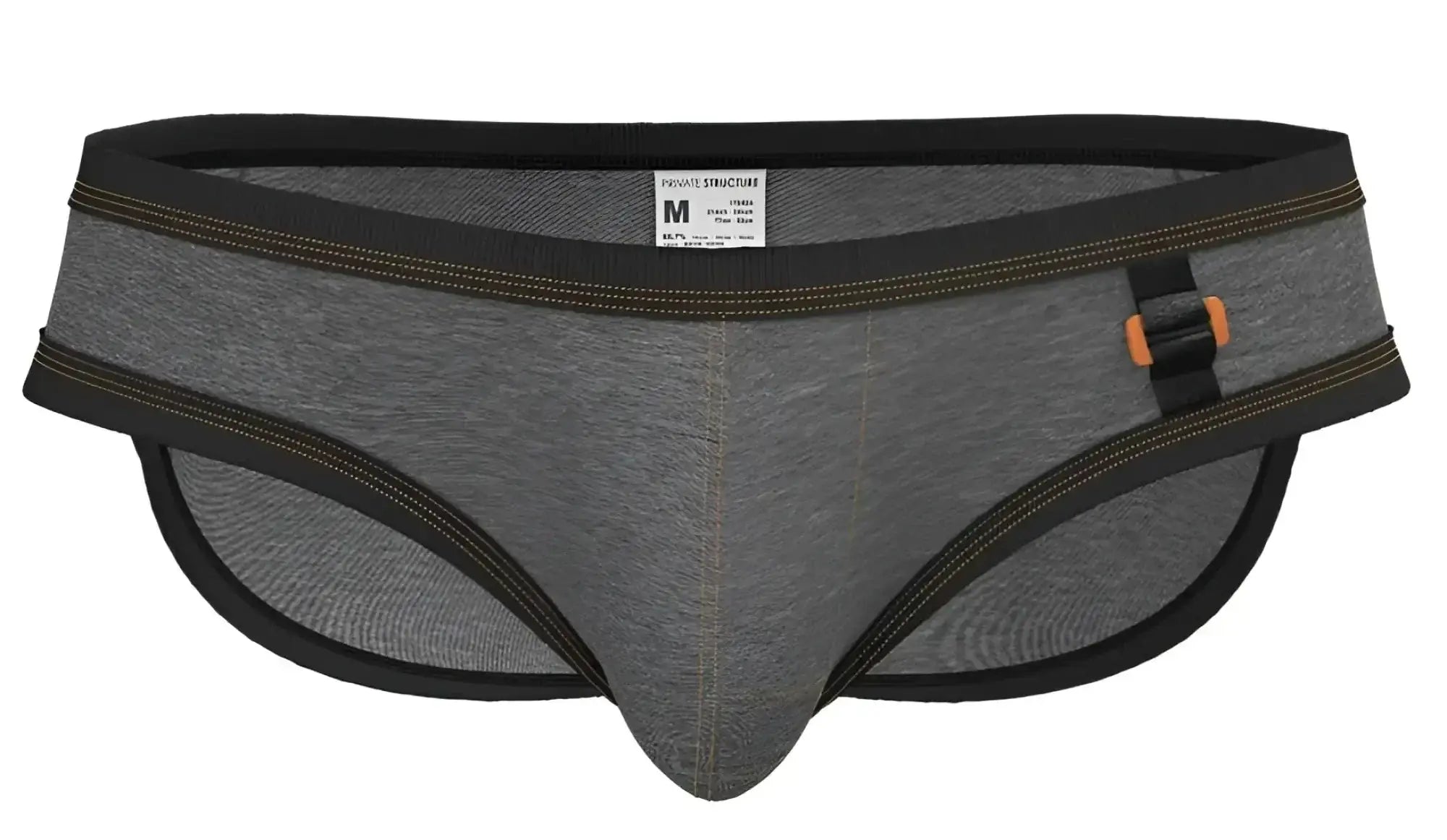 Gray heathered private structure barn boy low rise mini briefs with black trim and orange-accented belt buckle in stone gray