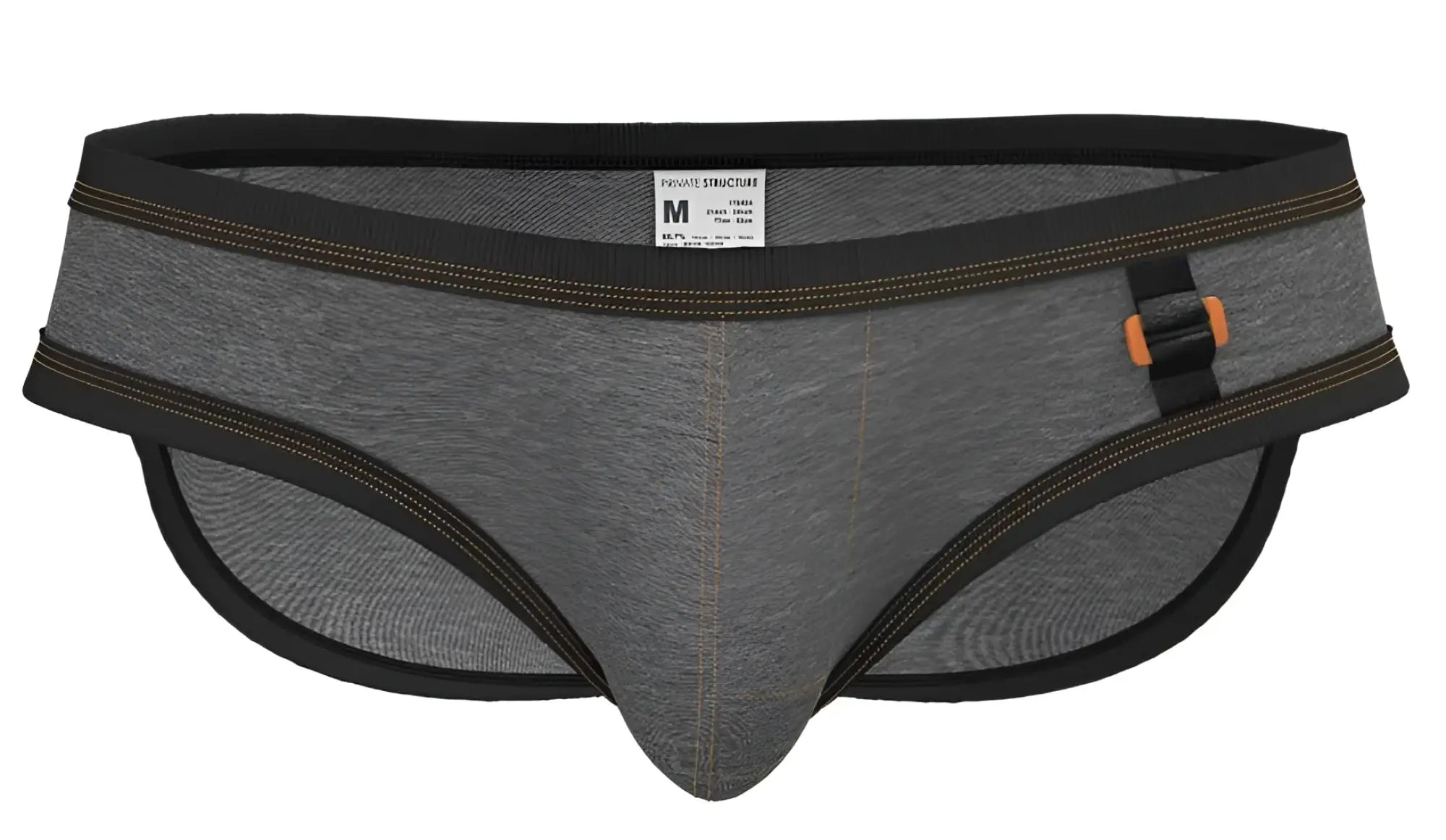Gray heathered private structure barn boy low rise mini briefs with black trim and orange-accented belt buckle in stone gray