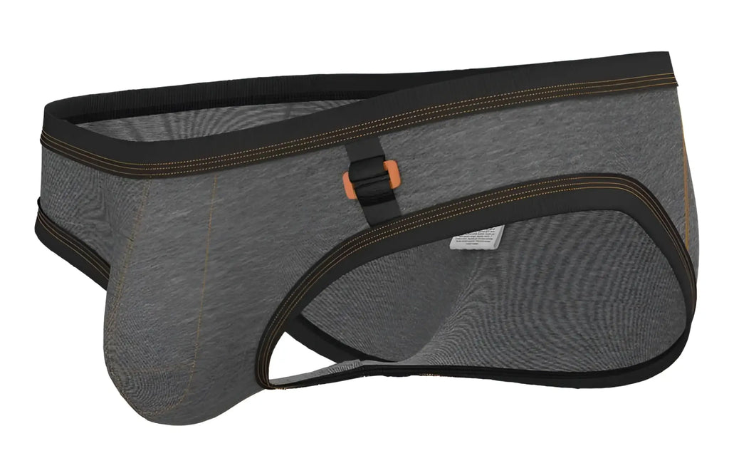 Gray textured fabric briefs with black trim and orange buckle from Private Structure barn boy low rise mini brief