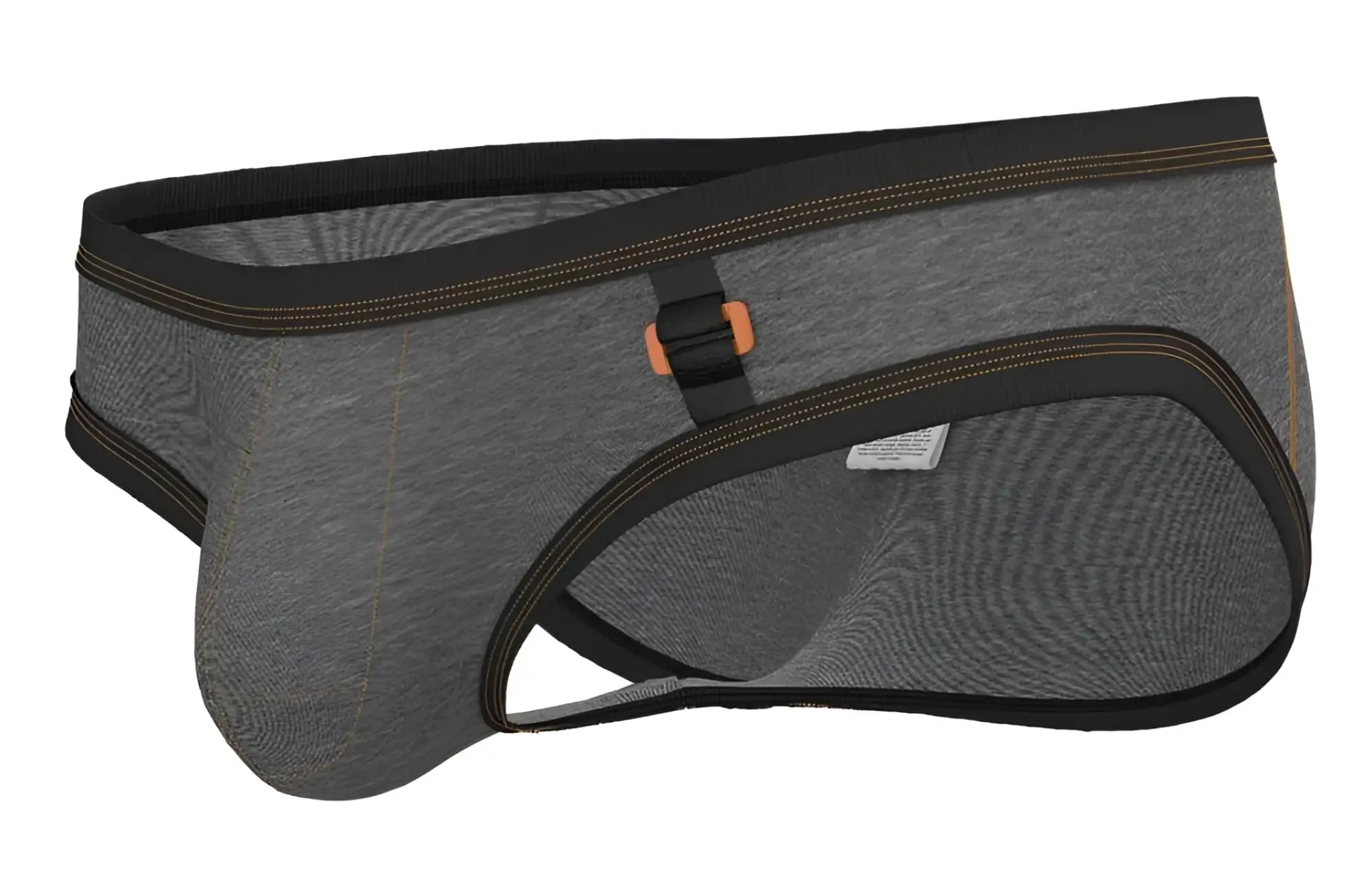 Gray textured fabric briefs with black trim and orange buckle from Private Structure barn boy low rise mini brief