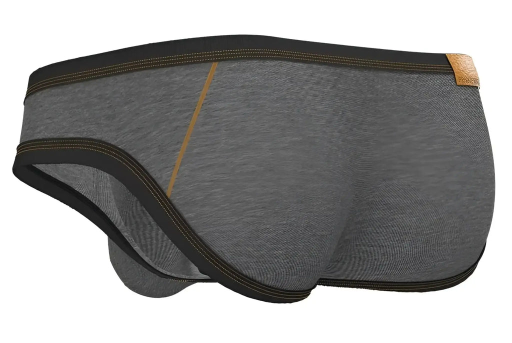 Private structure lcut4358 barn boy low rise mini briefs in stone gray heather with black trim tan stitching and leather tag