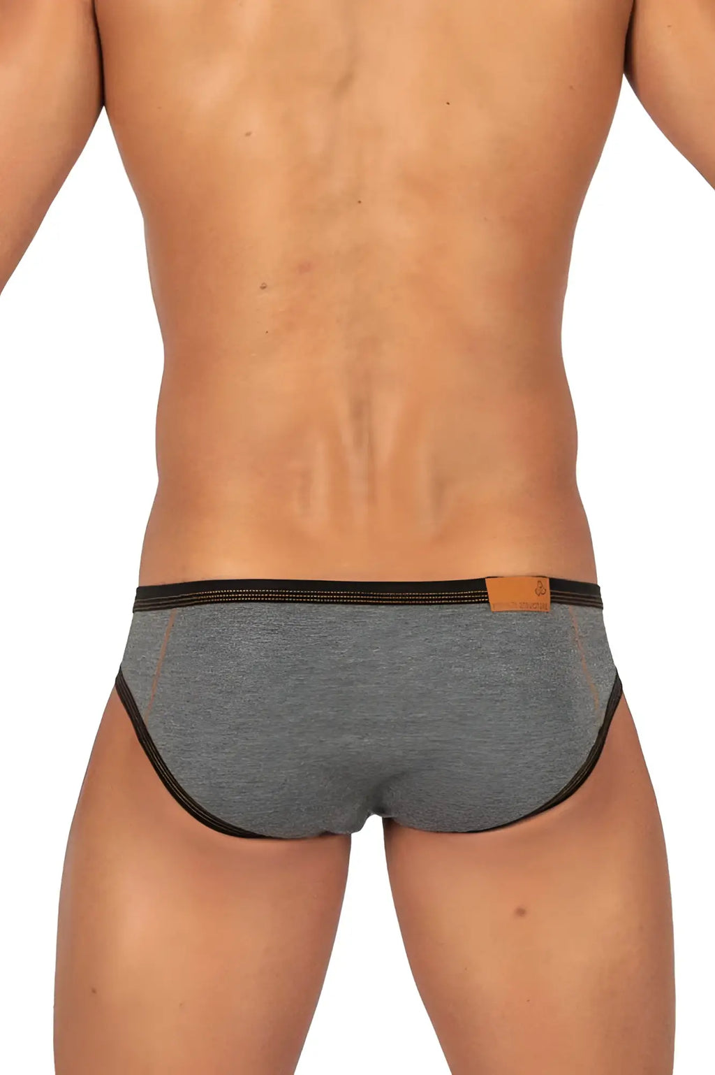 Gray heathered private structure lcut4358 barn boy low rise mini briefs with black trim and tan leather waistband patch