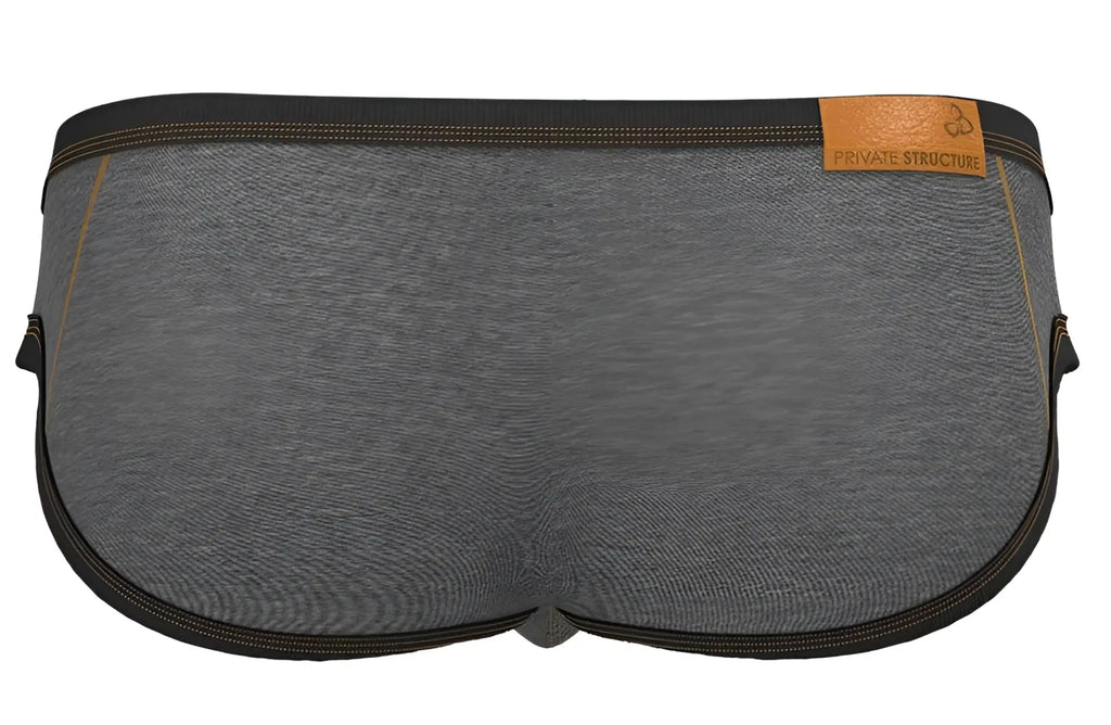 Gray heathered fabric briefs with black trim and tan leather brand tag private structure barn boy low rise mini brief
