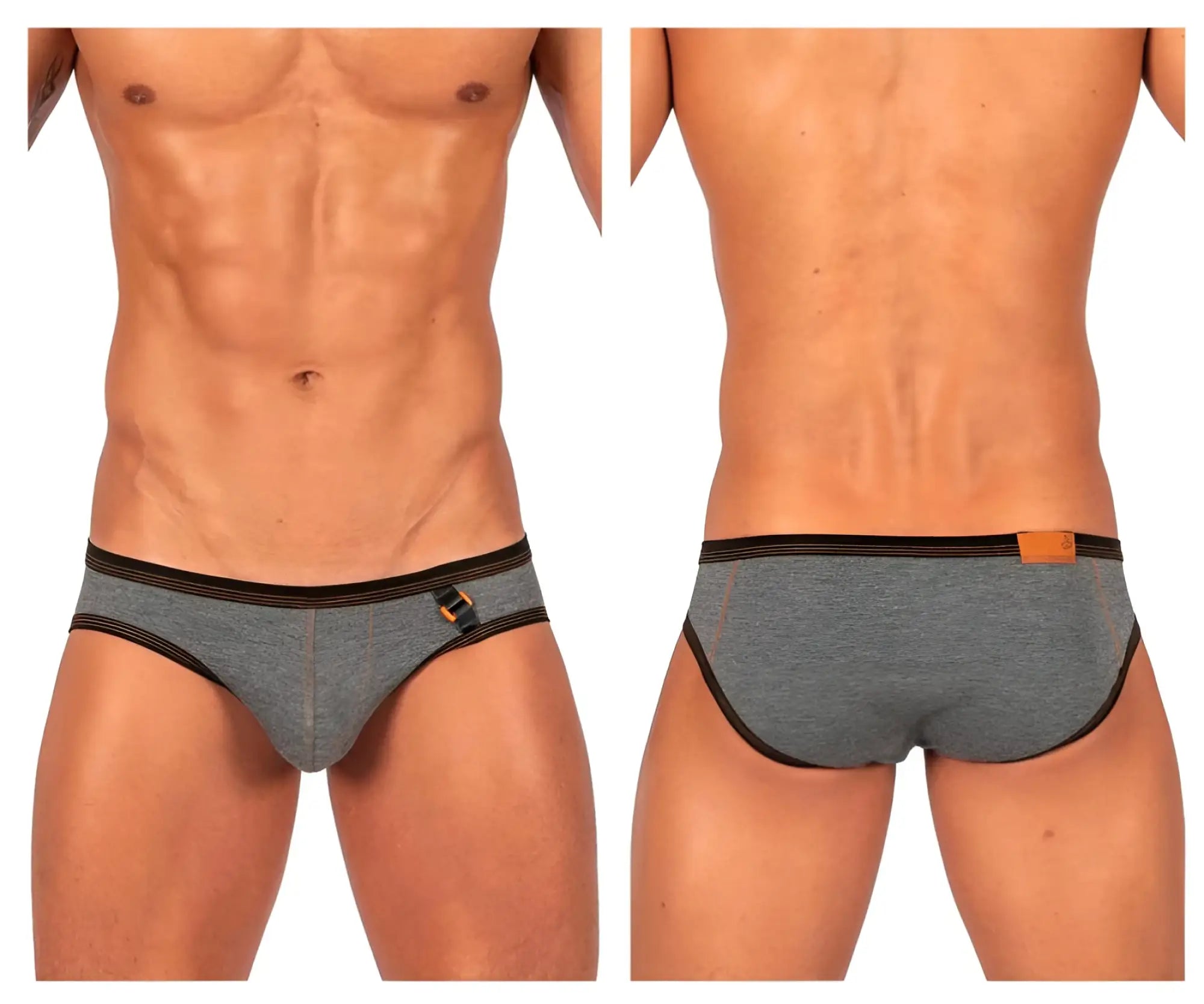 Gray heathered low rise mini briefs by Private Structure with black trim and orange buckle detail in stone gray