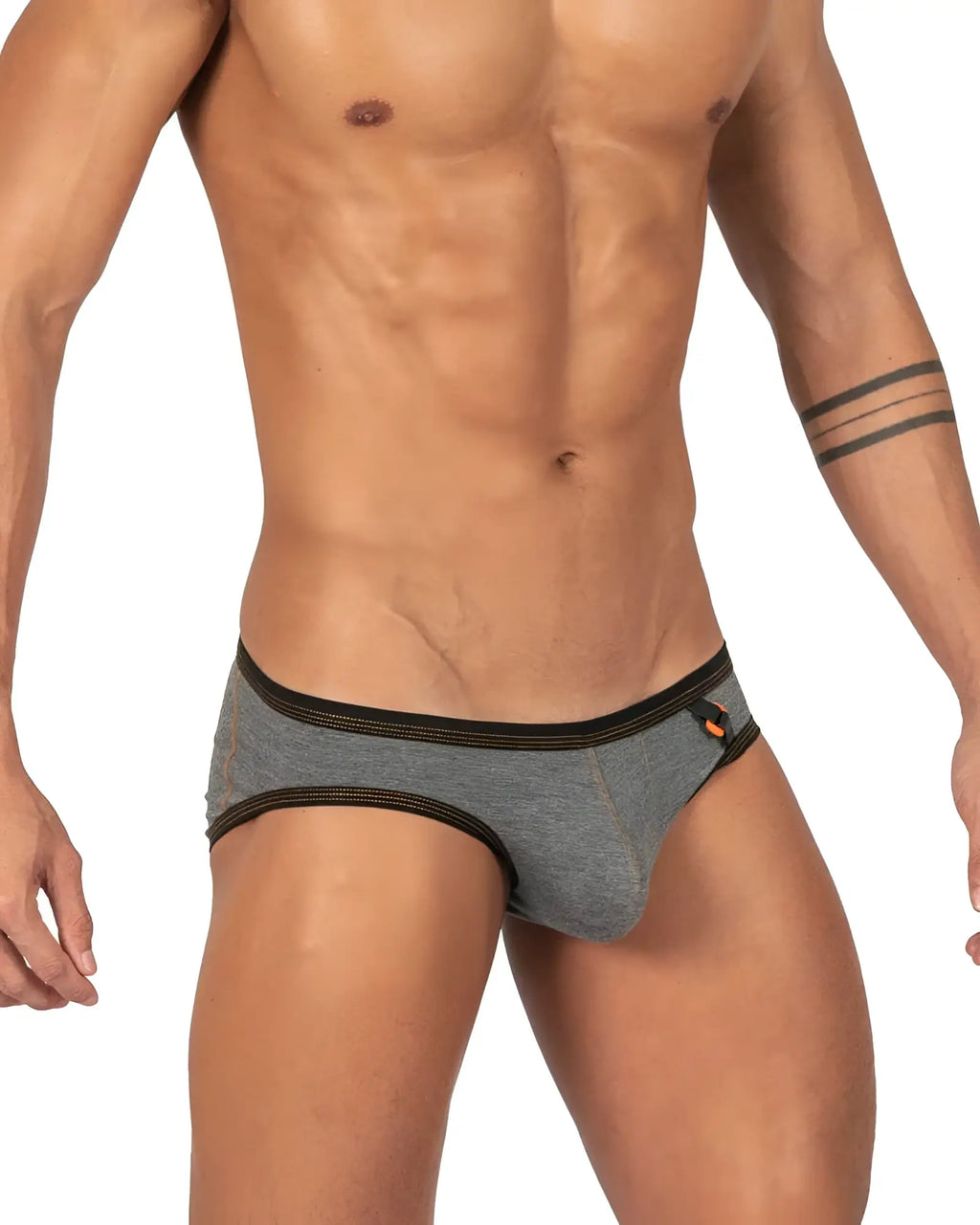 Private Structure Lcut4358 barn boy low rise mini briefs in stone gray heathered fabric with black trim and orange logo