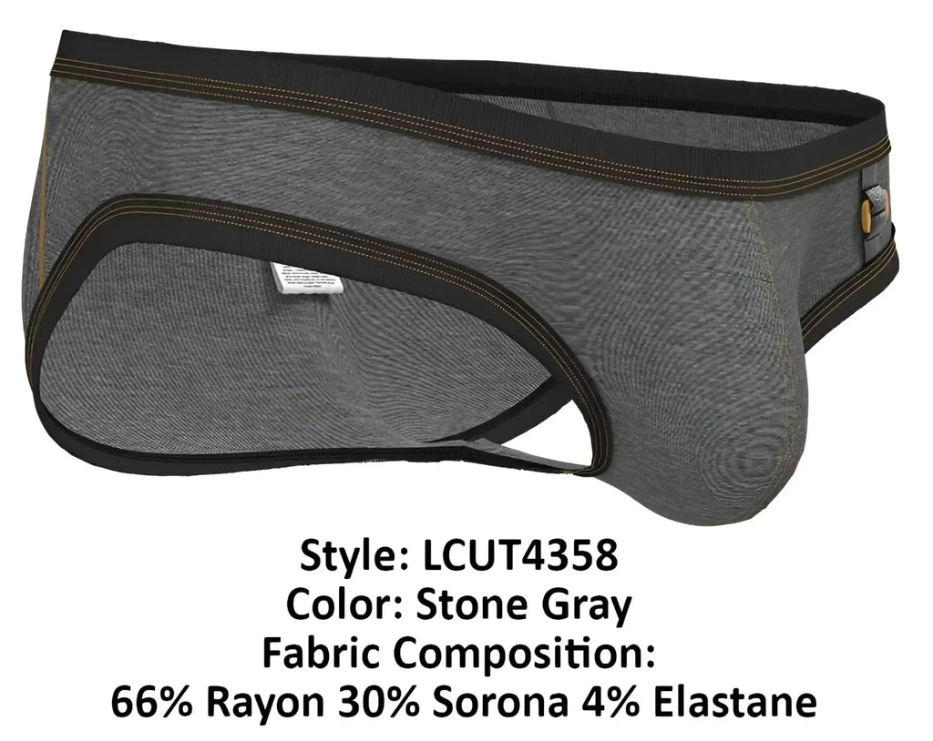 Stone gray private structure lcut4358 barn boy low rise mini briefs with black trim and gold stitching in rayon blend