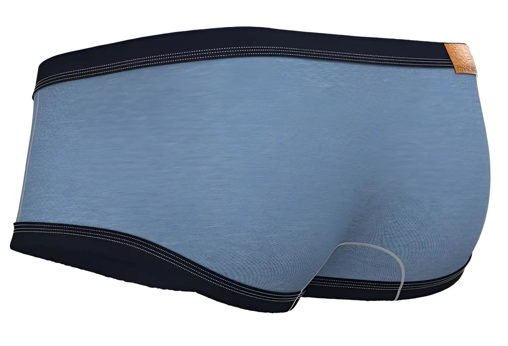 Blue heathered cotton private structure barn boy low rise trunk with black elastic waistband and tan leather tag