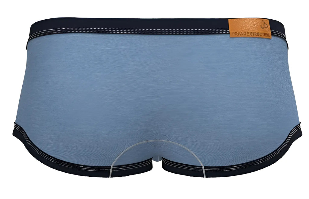 Blue heathered private structure barn boy low rise briefs with black trim and tan leather brand tag in denim color