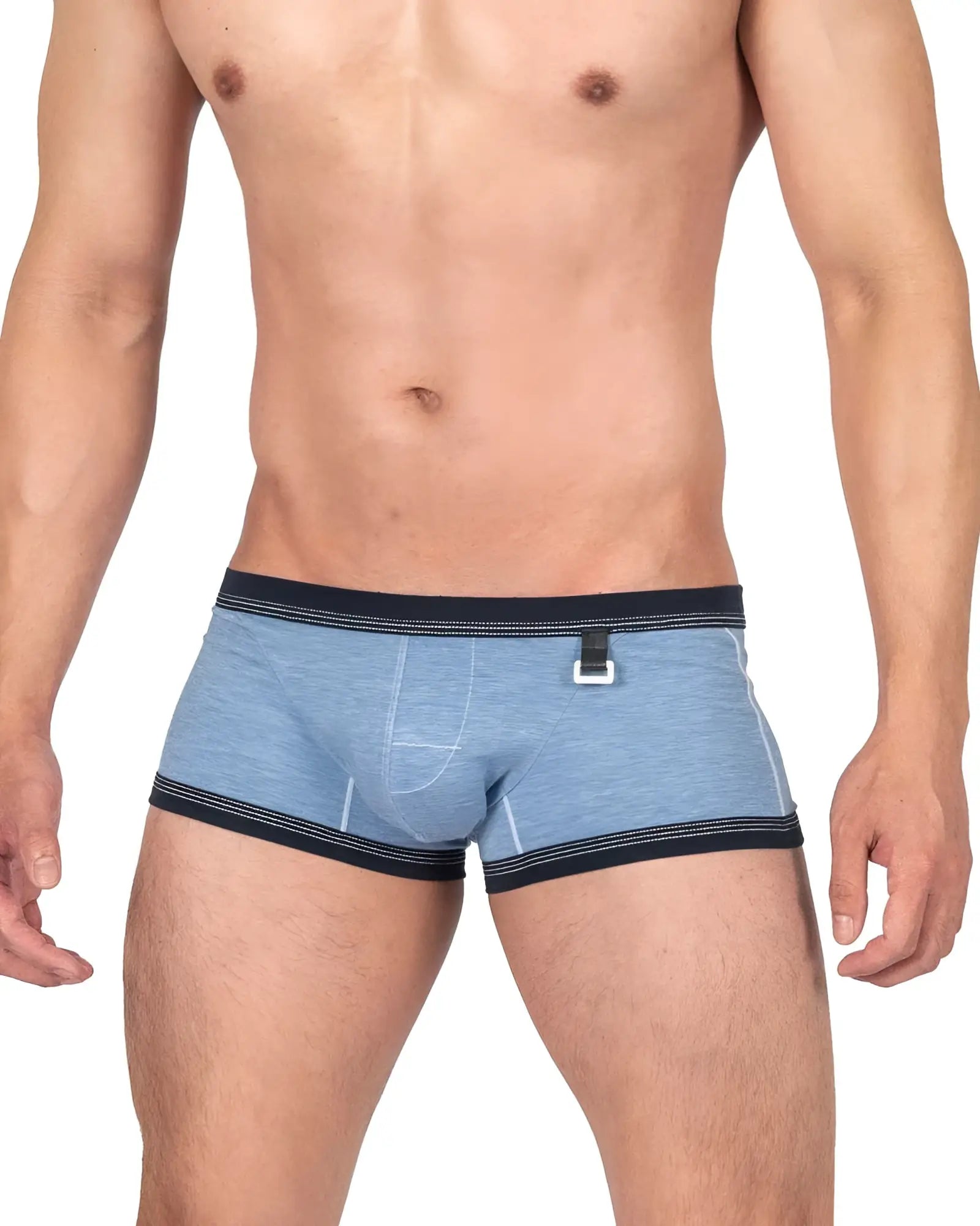 Blue heathered private structure barn boy low rise men’s briefs with black trim and white buckle detail in denim color