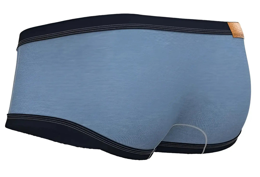 Blue heathered cotton private structure barn boy low rise trunk with black elastic waistband and tan leather tag